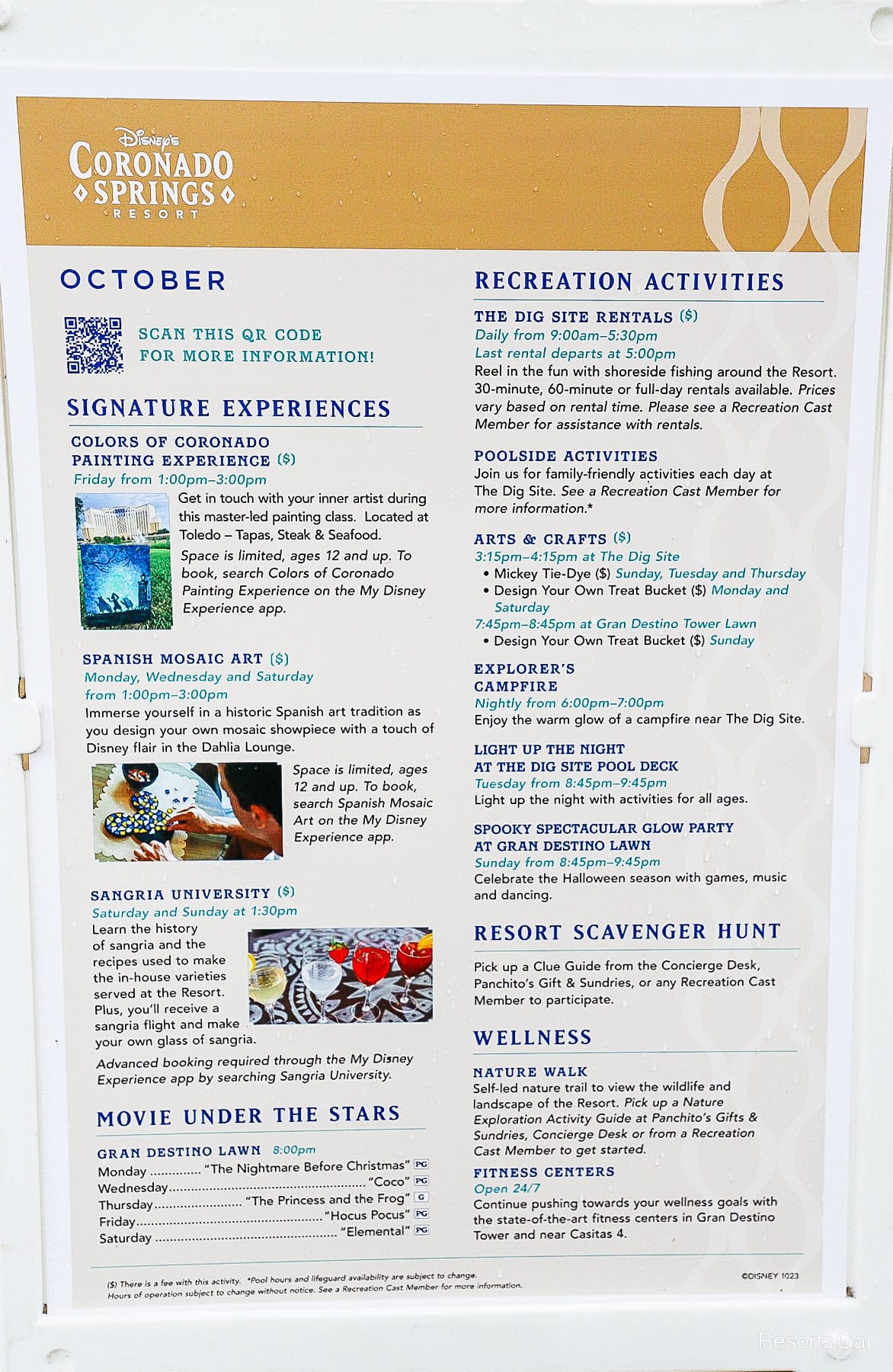 a resort recreation calendar for Disney's Coronado Springs
