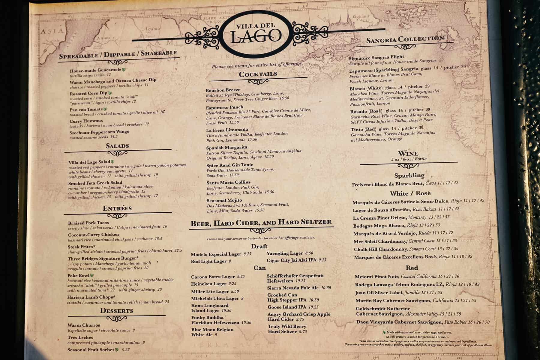 the printed menu for Three Bridges Bar and Grill 