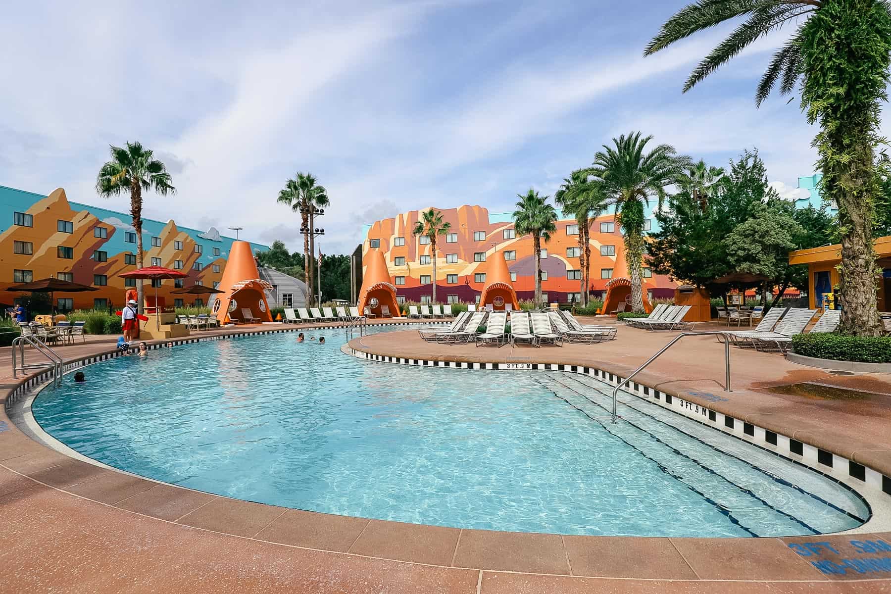 The Cozy Cone Pool is shaped like a wheel-well at Art of Animation. 