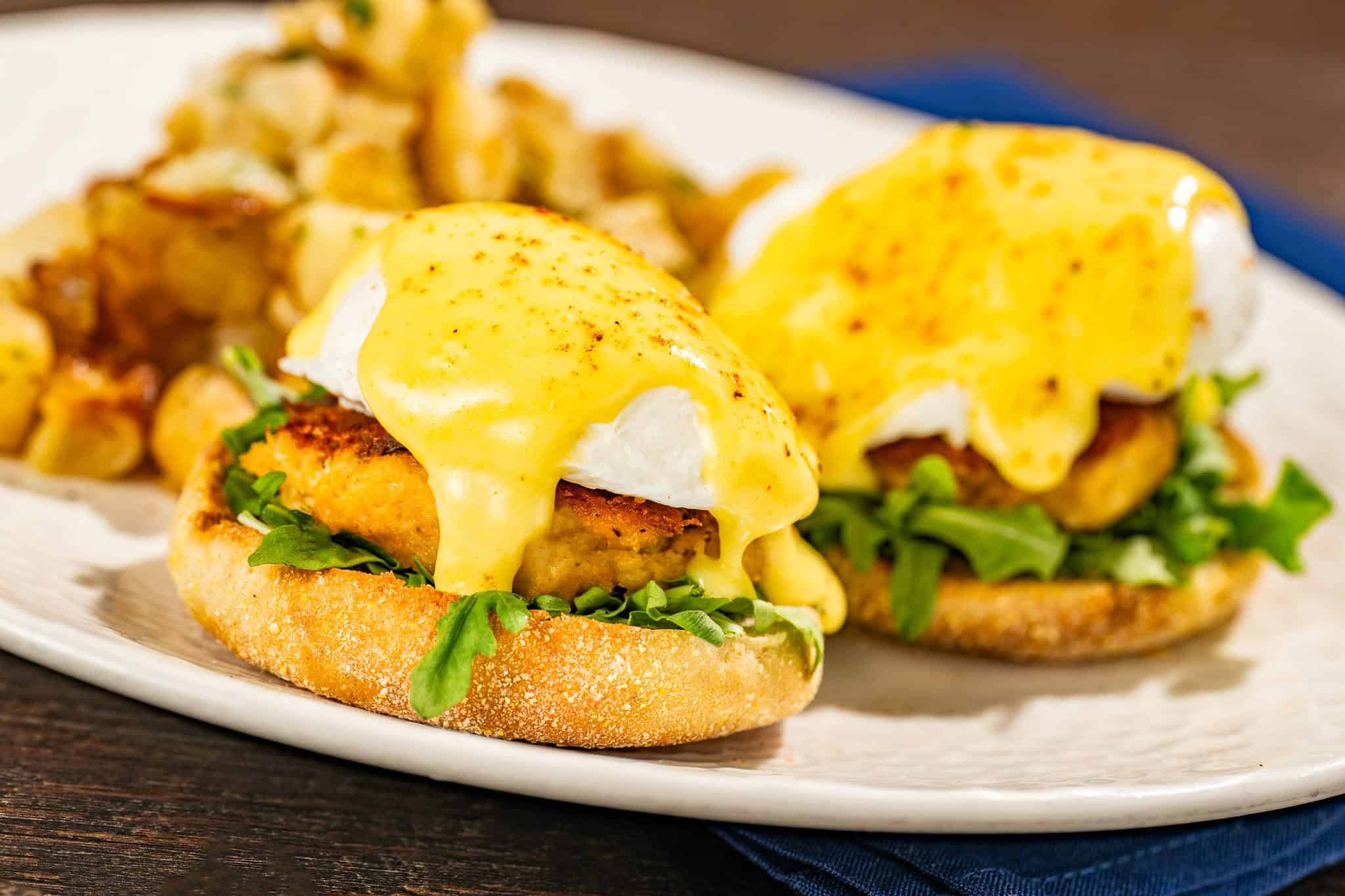 an order of eggs Benedict with crab cakes