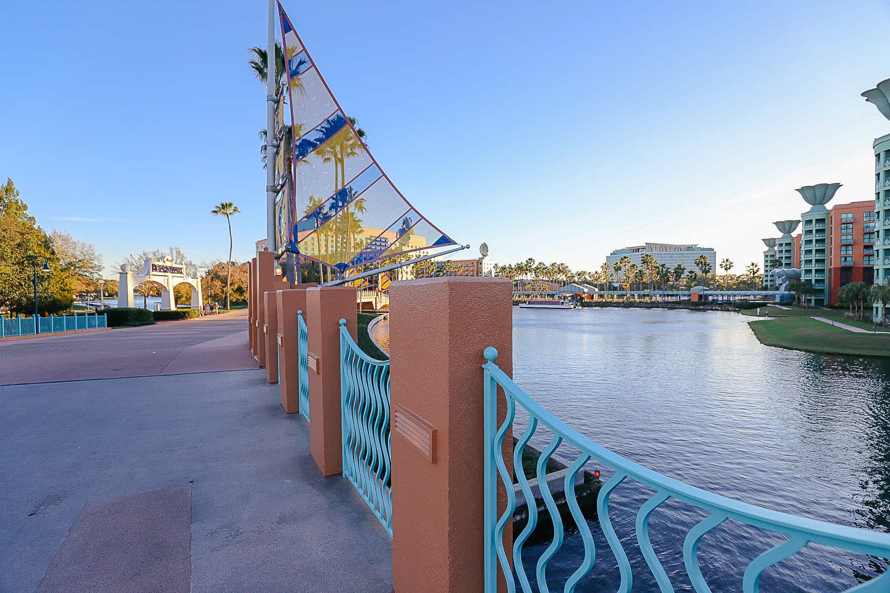 bridge over the edge of Crescent Lake to the Swan and Dolphin Hotels 