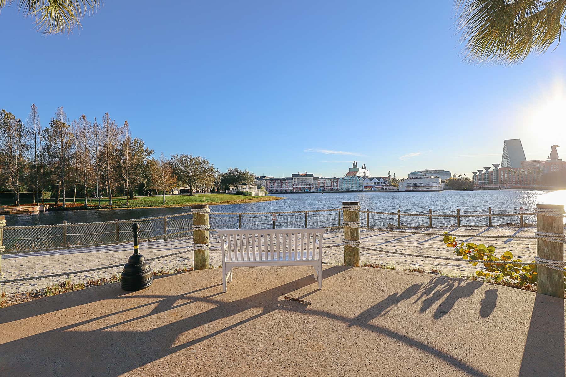 benches facing Crescent Lake at sunset 