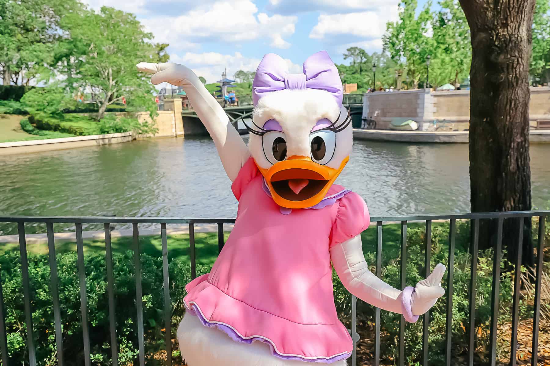 Daisy Duck in her pink dress with purple trim. 