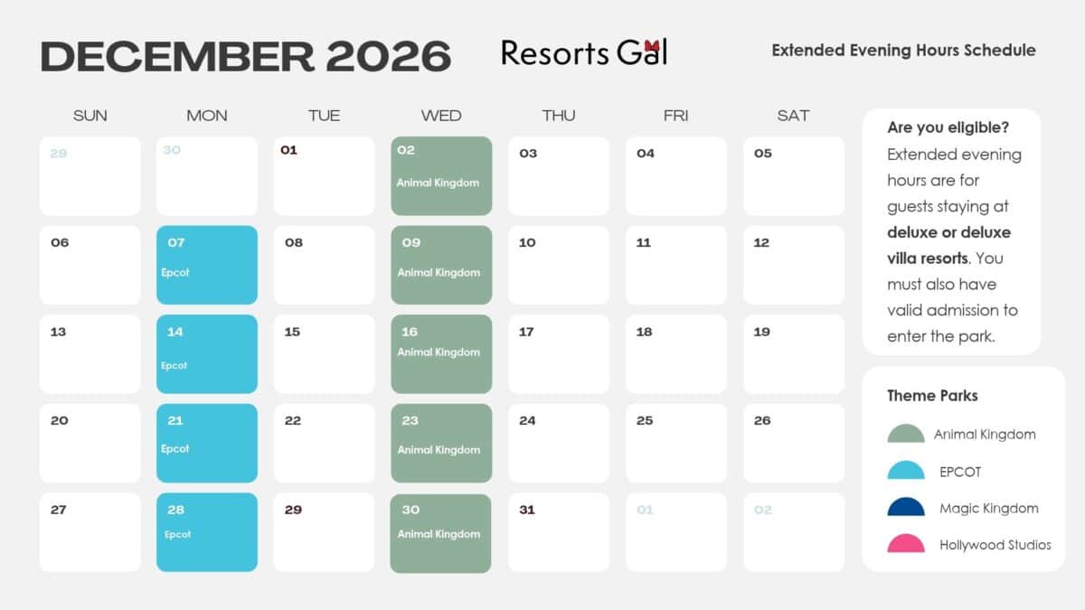 December 2026 Extended Evening Hours Calendar for Disney World 
