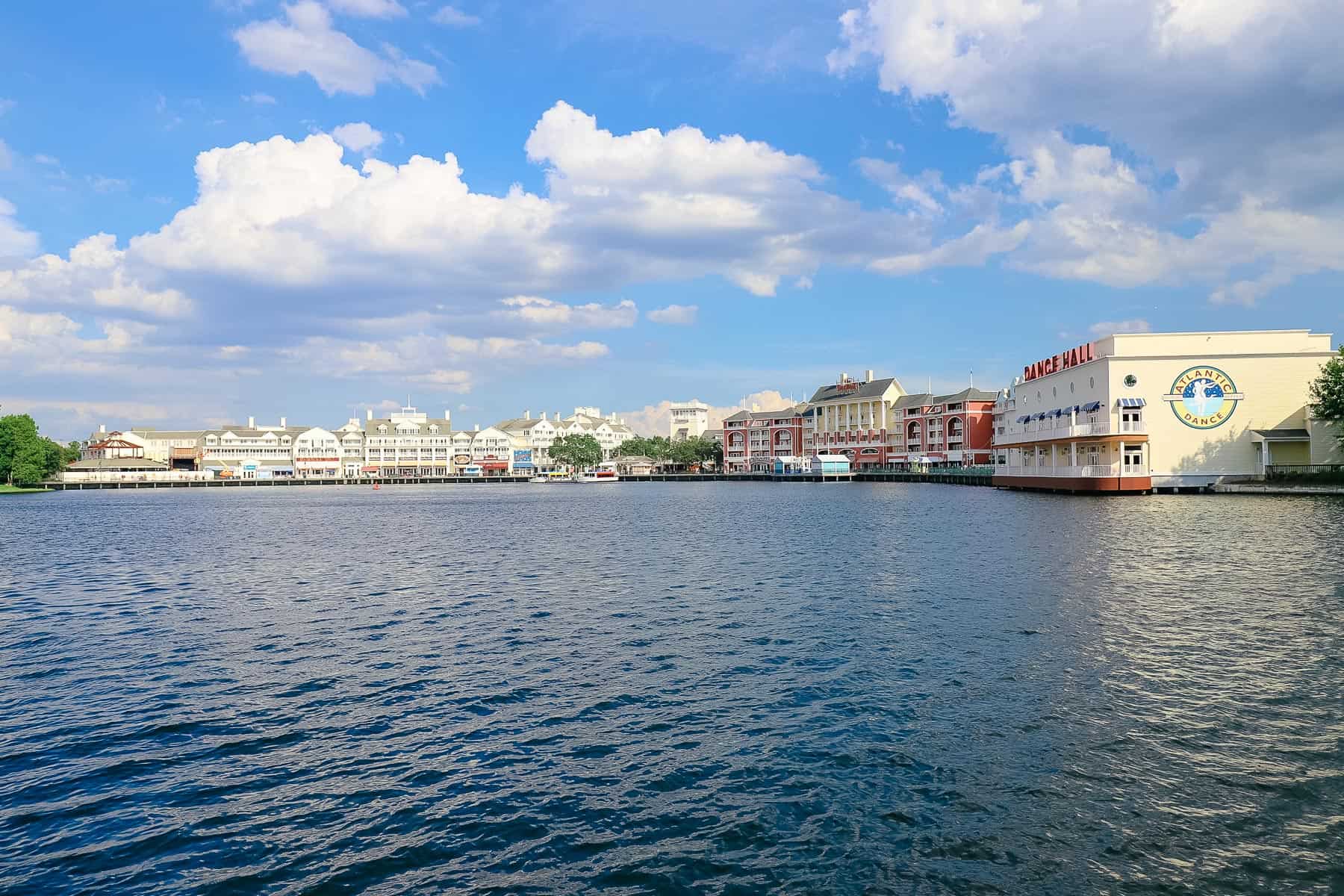 Disney's Boardwalk in the background of Crescent Lake
