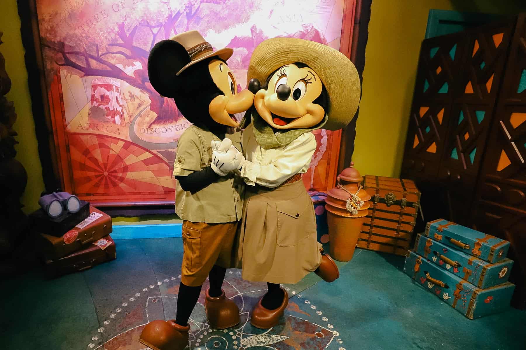 Mickey and Minnie Mouse in Safari Suits at Adventurer's Outpost near the Discovery Island Trails 