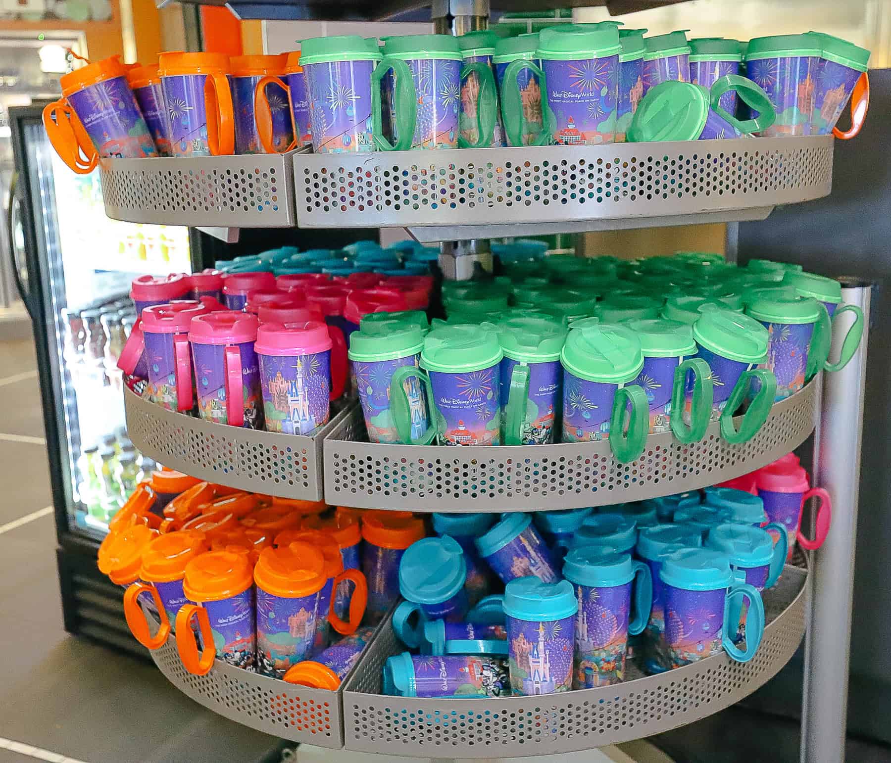 a rack of refillable mugs 