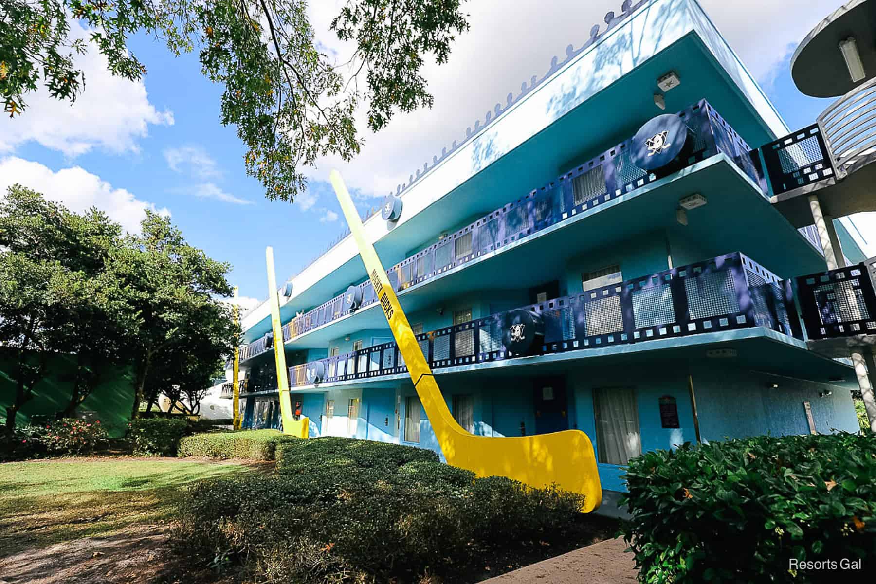 Hockey pucks and sticks on the railings of All-Star Movies 