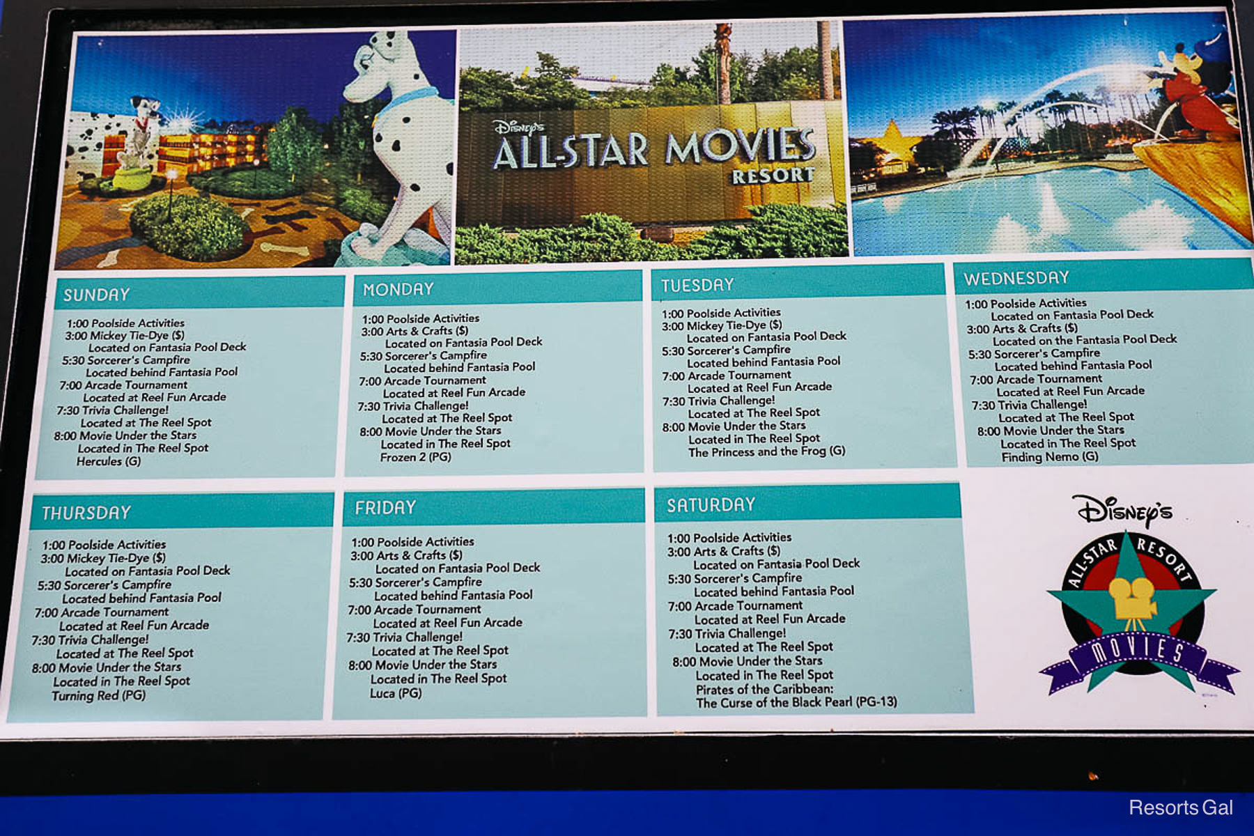 the recreation calendar for All-Star Movies Resort 