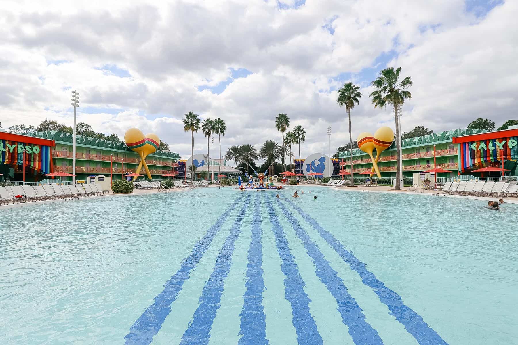 Stripes resembling guitar strings are painted on the bottom of the pool at Disney's All-Star Music. 