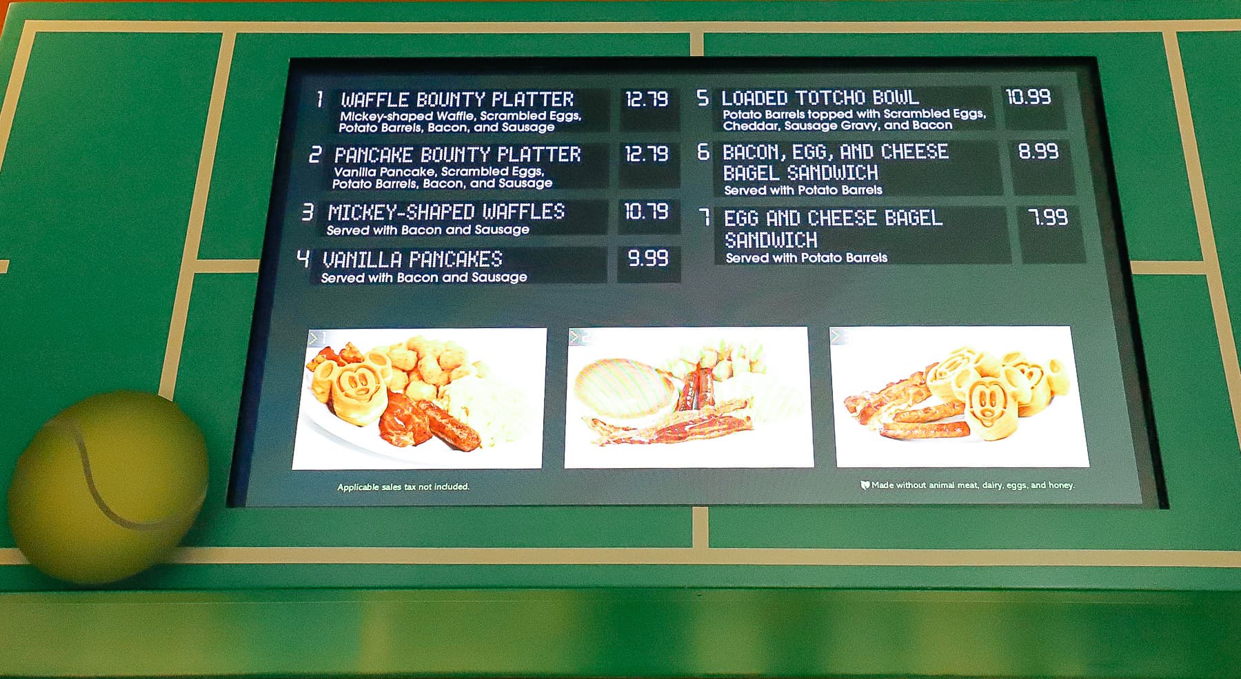 breakfast menu board at End Zone Food Court 