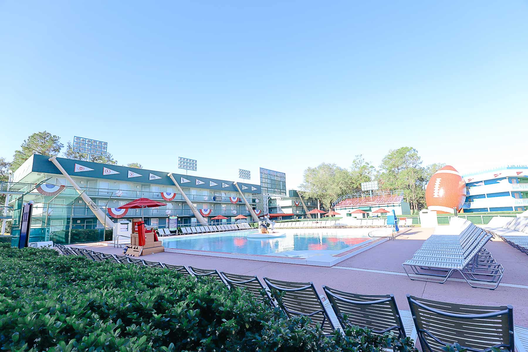 the diamond-shaped pool with Goofy at the Homerun Hotel pool at All-Star Sports 