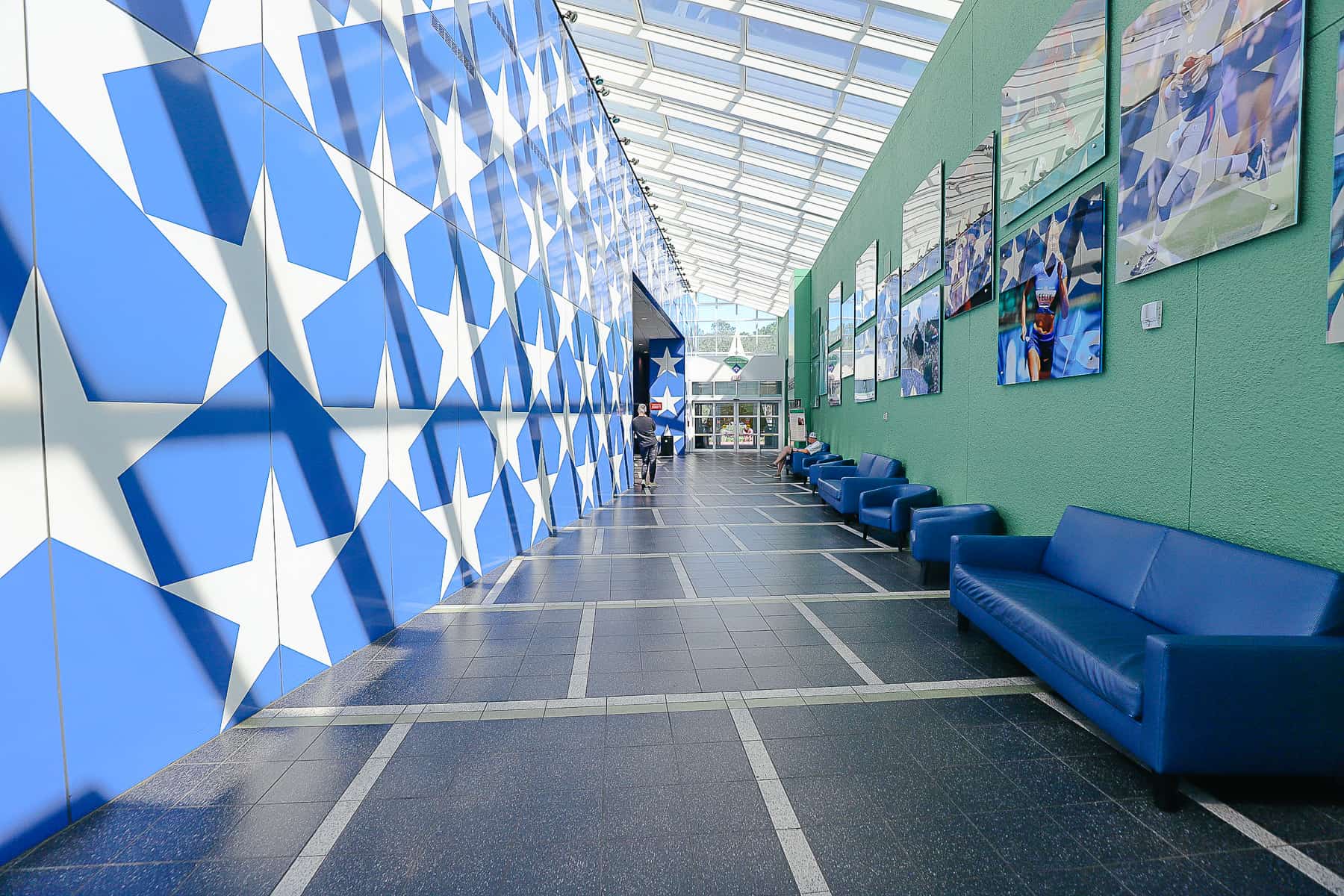 the interior blue wall with white stars 