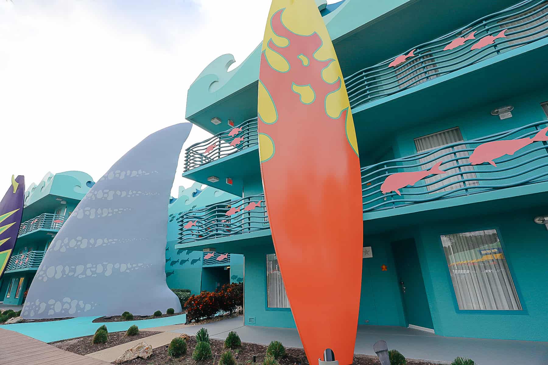 Shark fins and surfboard theming at Disney's All-Star Sports 
