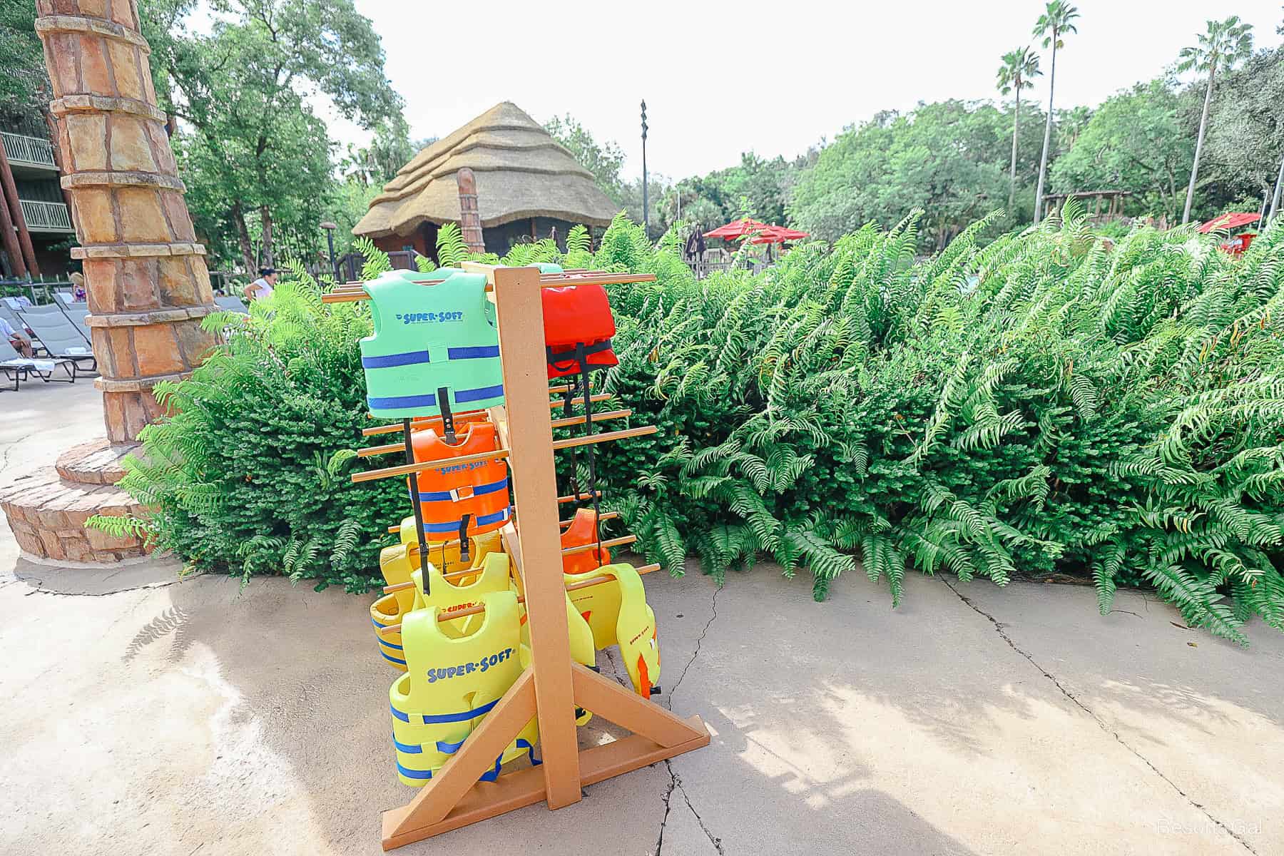 a stand with life jackets at the Uzima Springs Pool 