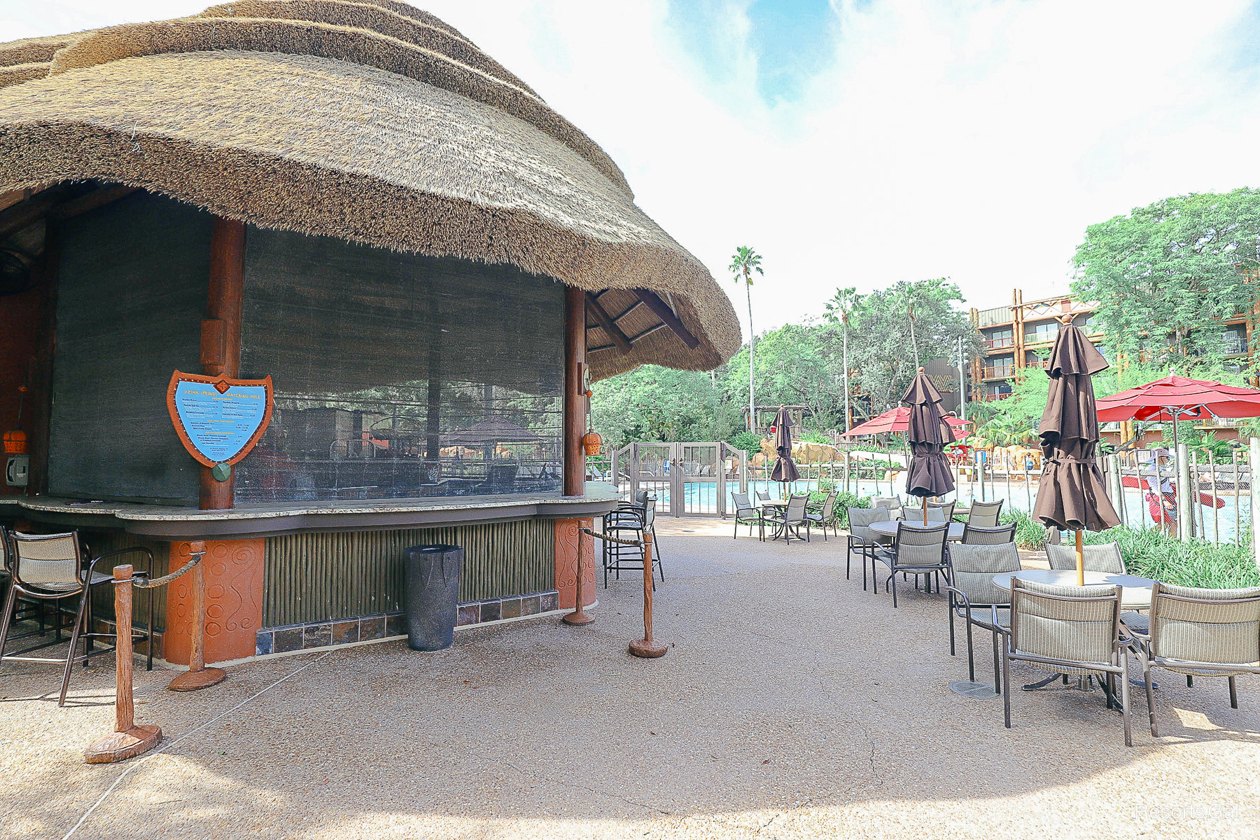 the Uzima Springs Pool bar has a thatch roof 