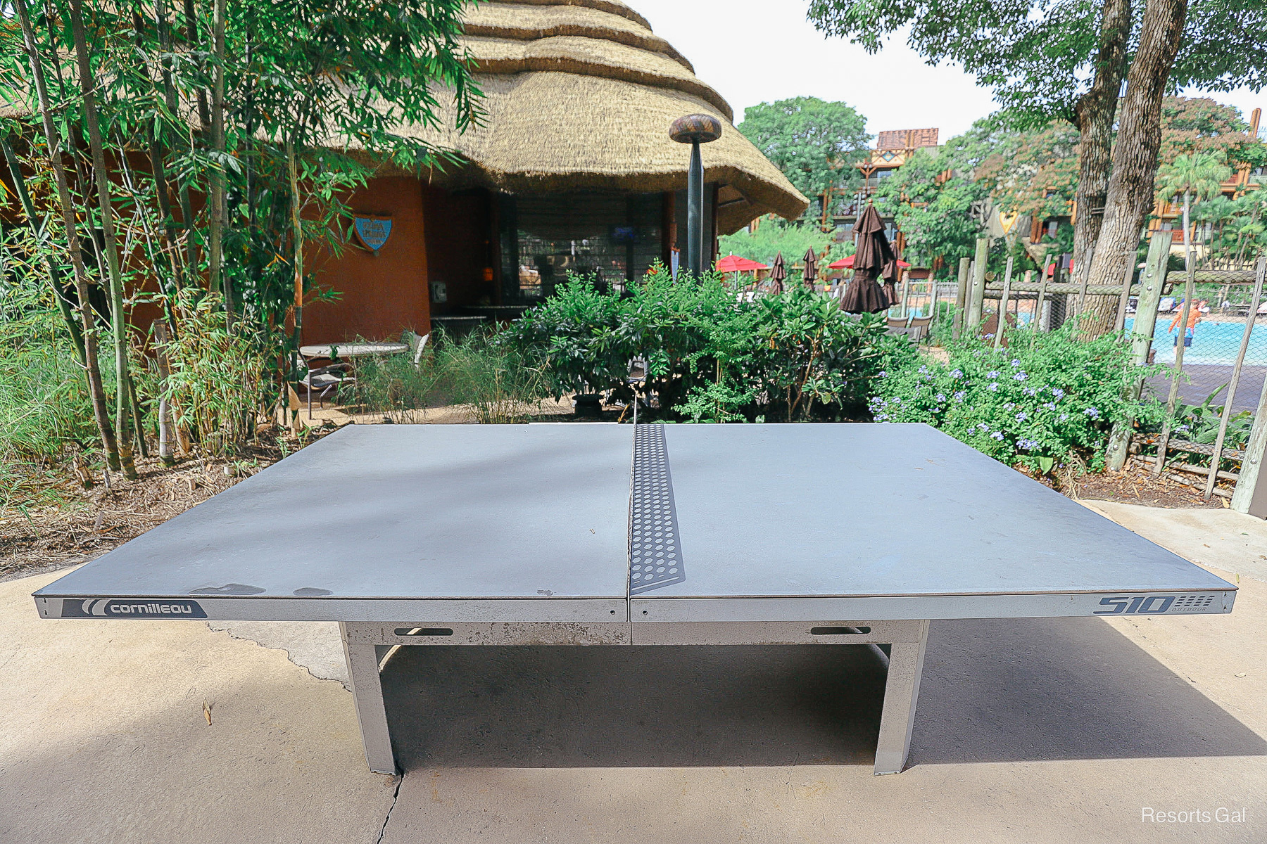 a ping pong table by the pool 