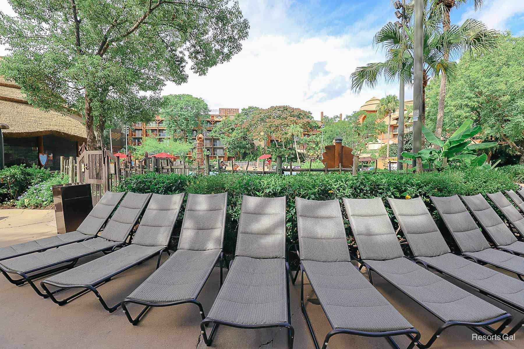 a row of lounge chairs in a shaded area 