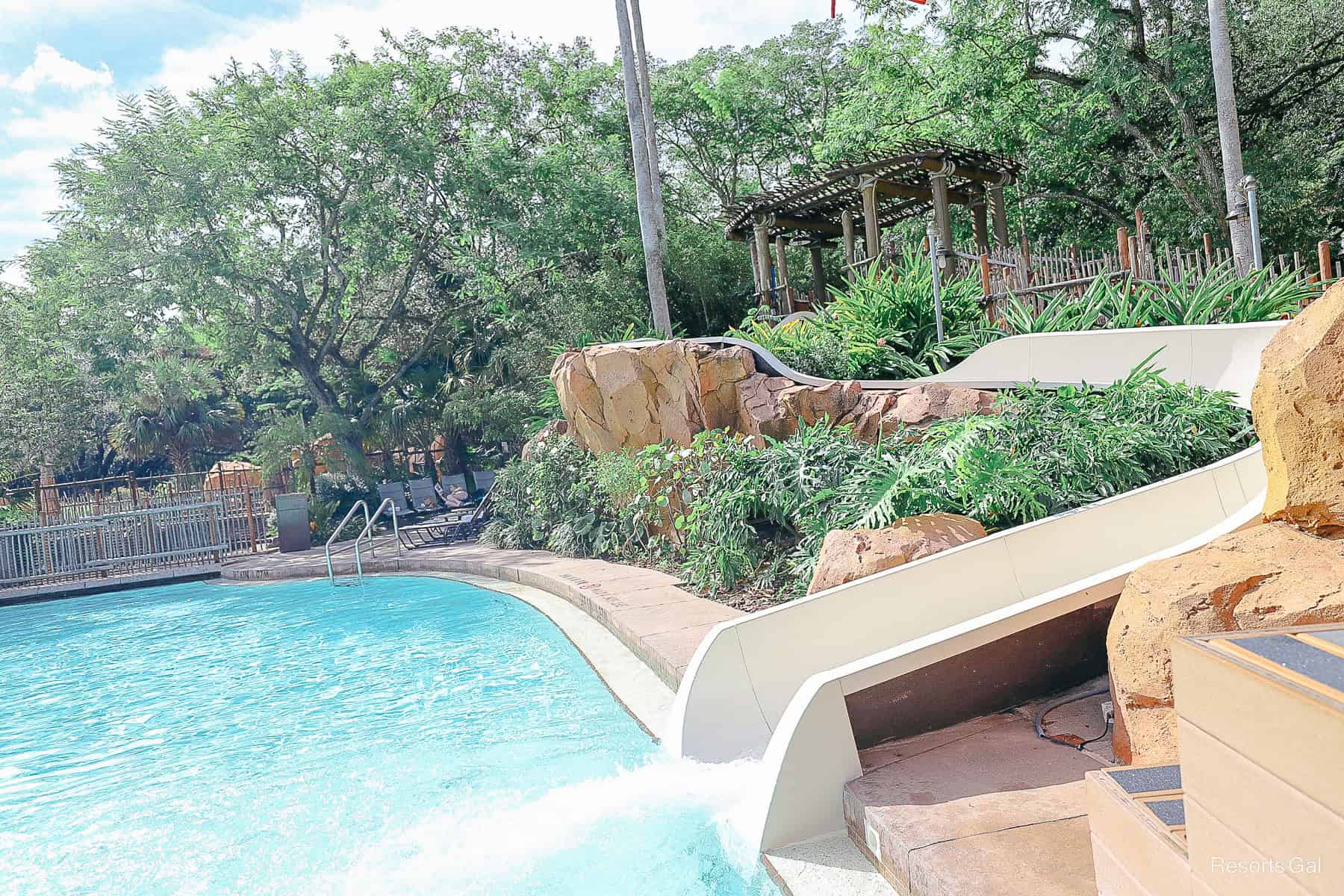 the slide exit into the Uzima Springs Pool at Animal Kingdom Lodge 