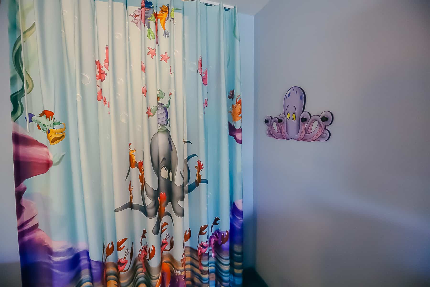 shows the curtain that divides the room from the bath area 