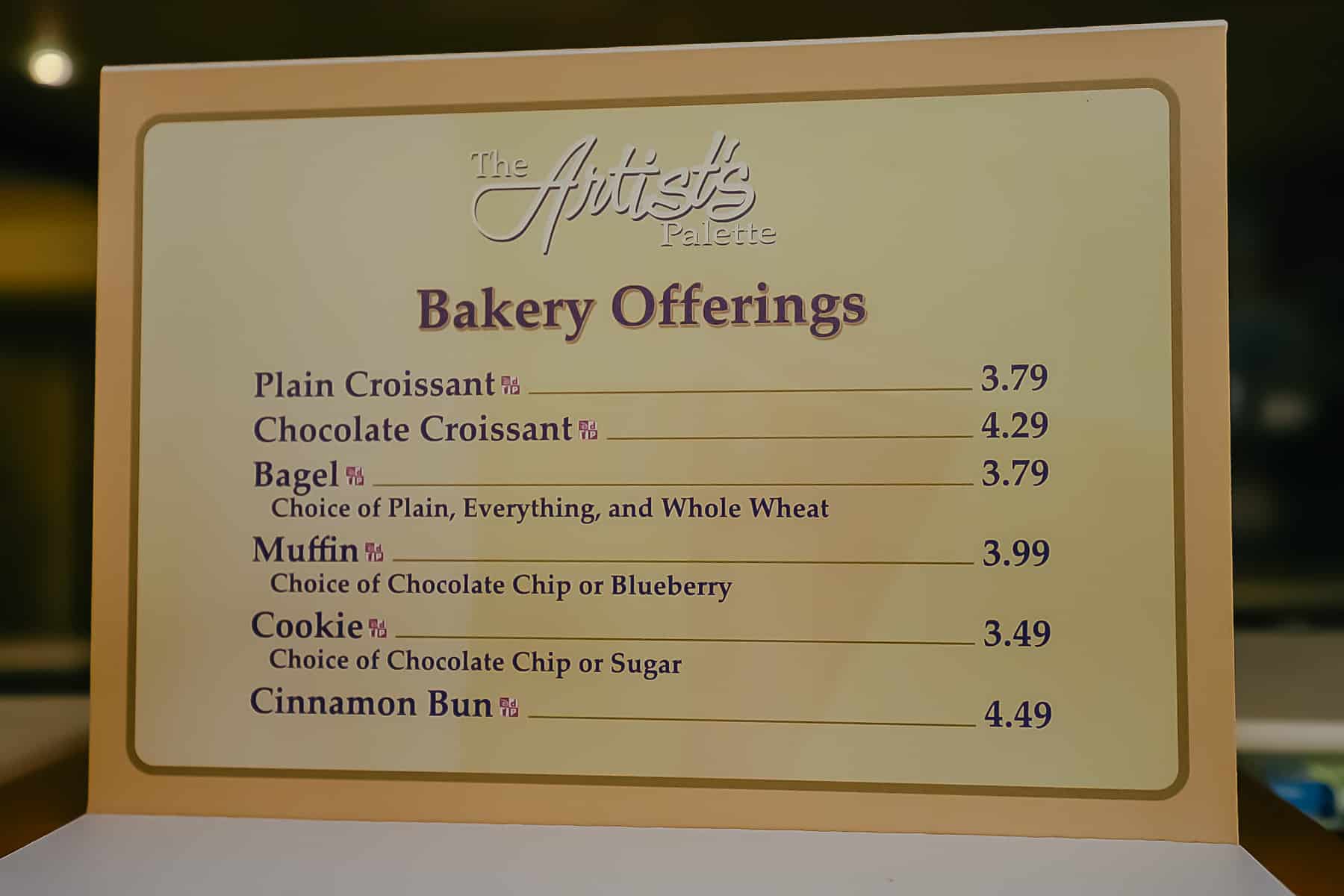 Menu that lists prices of bakery offerings at The Artist's Palette. 