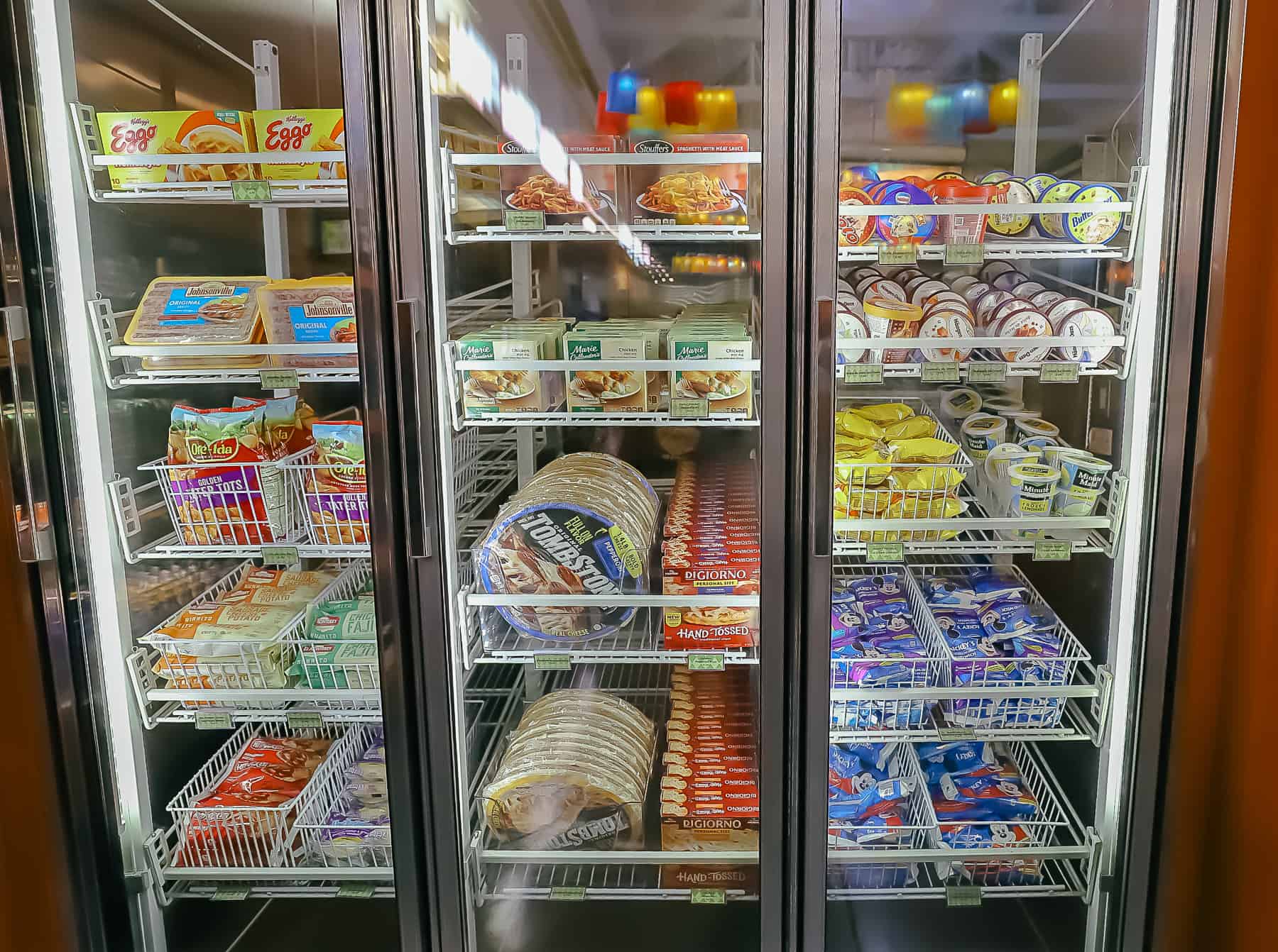 Frozen grocery items like waffles, pizza, pot pies, and ice cream 