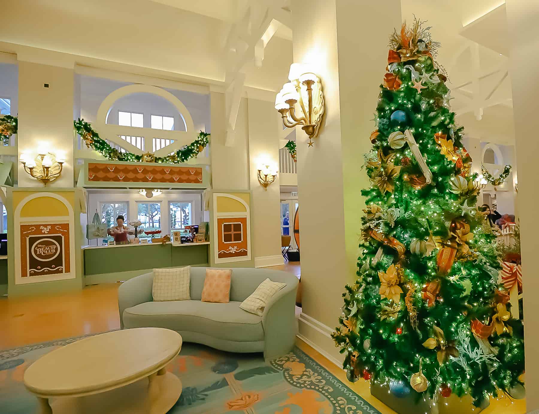 a Christmas tree in the lobby of Disney's Beach Club 