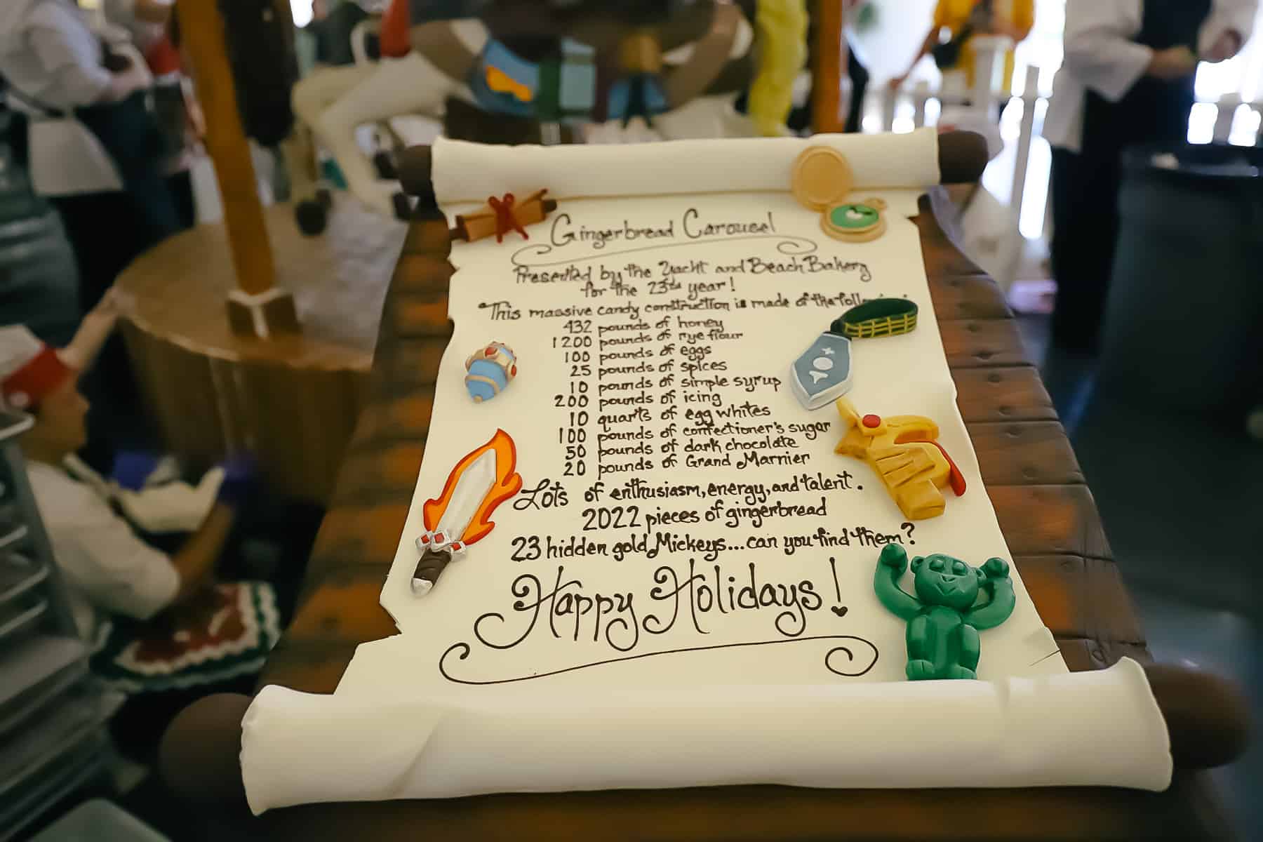 A decorative sign that lists the ingredients used to create the gingerbread display. 