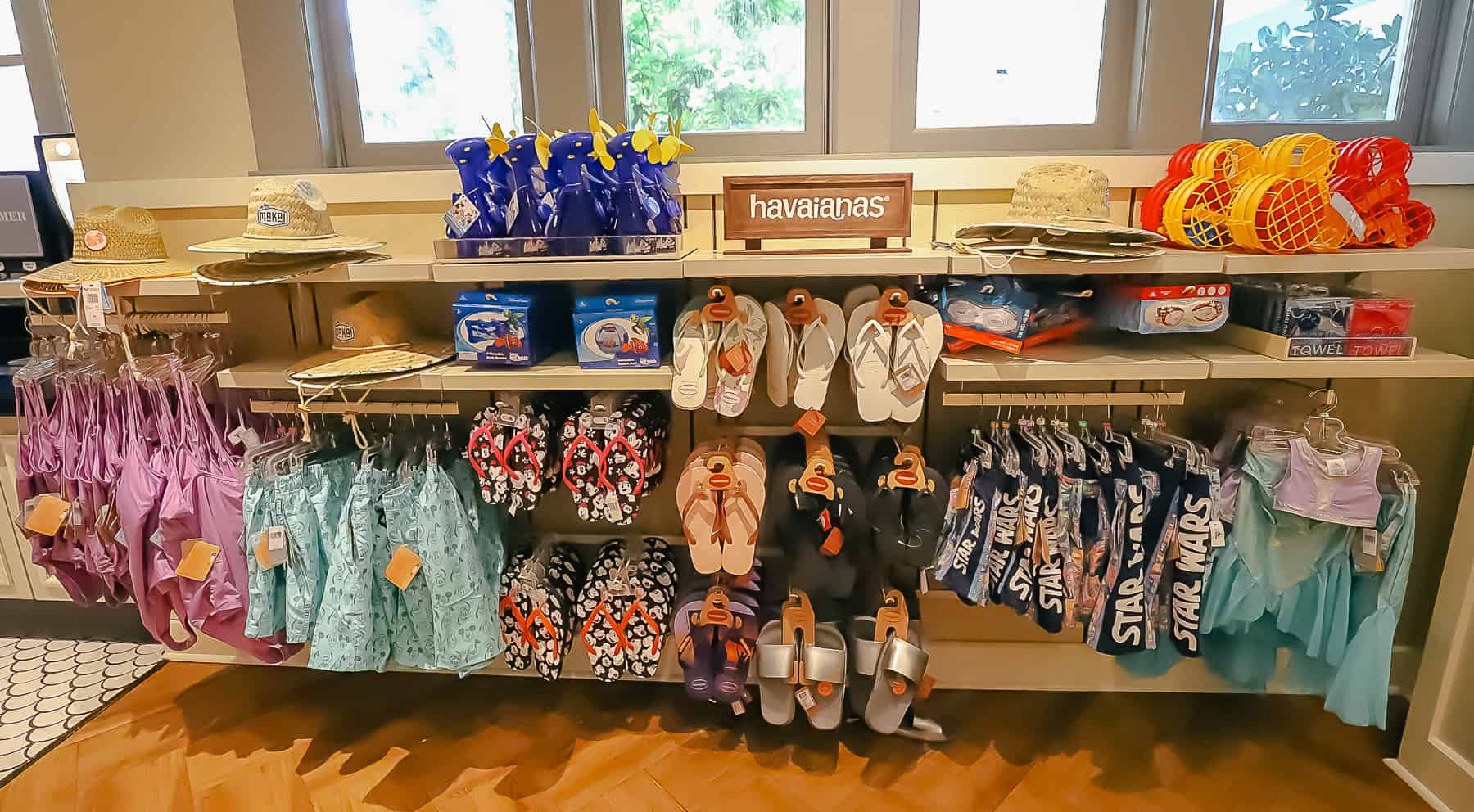 Pool Items at Disney's Beach Club's gift shop like goggles, floats, and swimwear 
