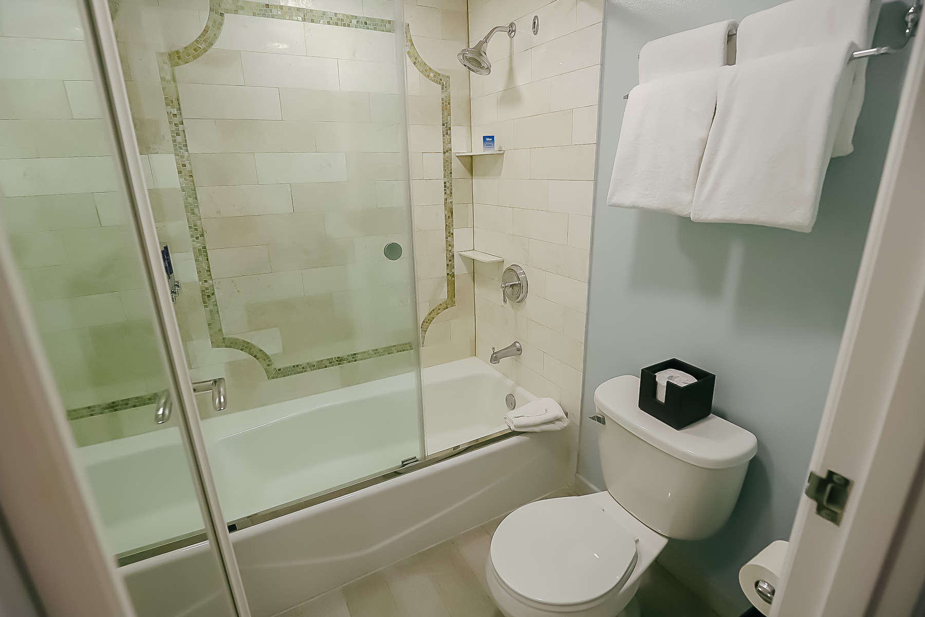 the toilet and tub with shower combination are in a separate water closet 