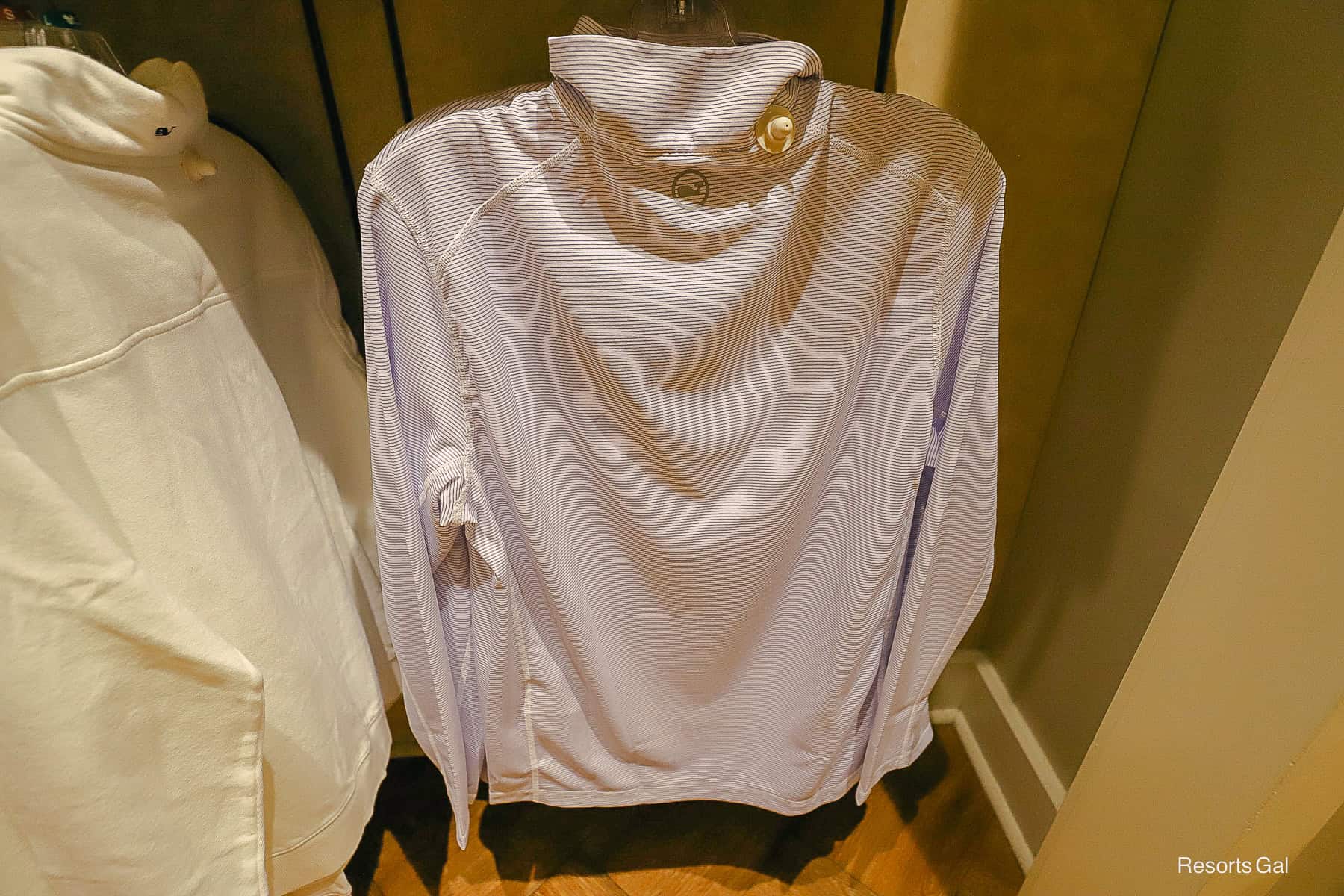 the back of a pin-striped Vineyard Vines pullover 