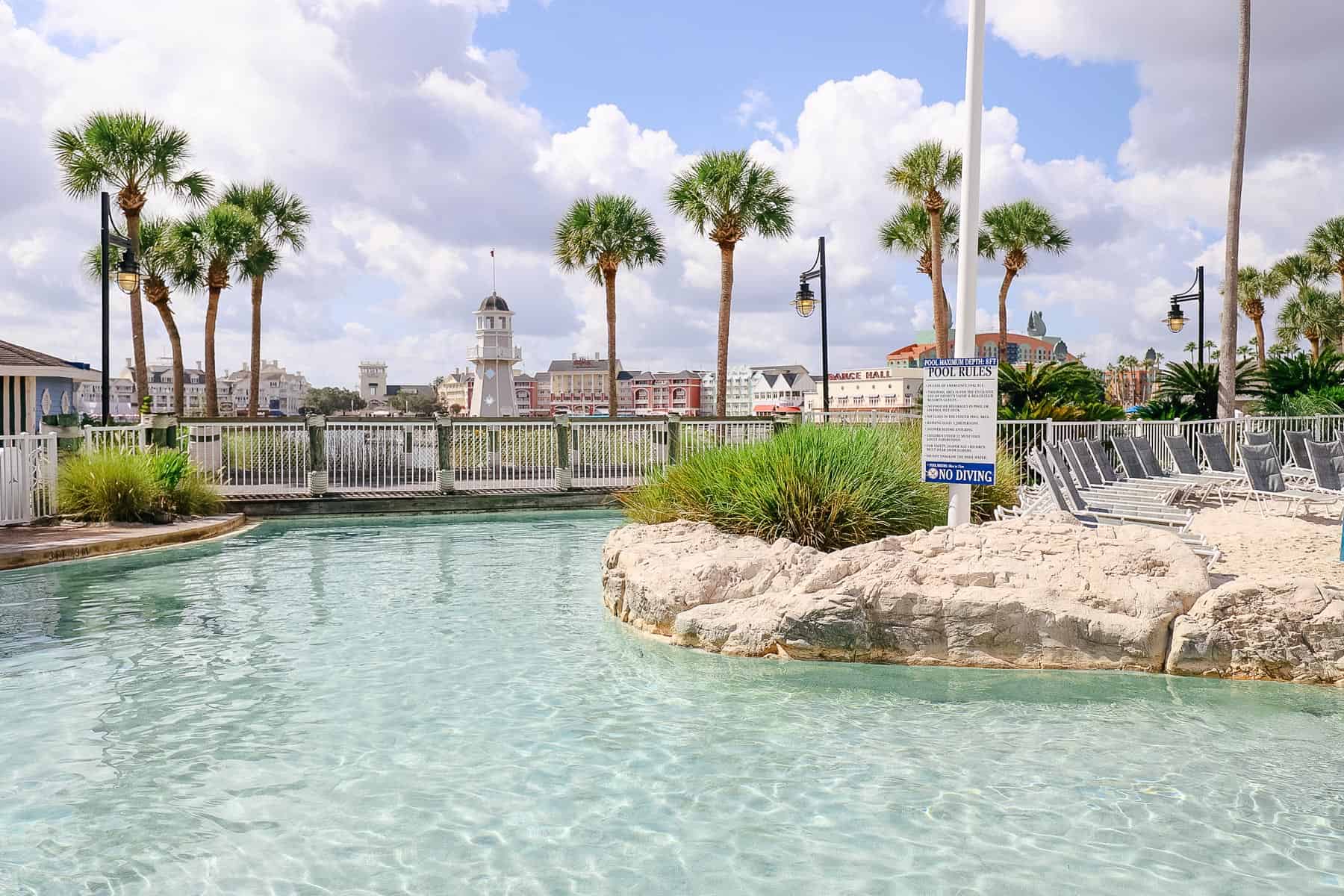 A scenic view of Disney's Boardwalk from the Stormalong Bay Pool. 