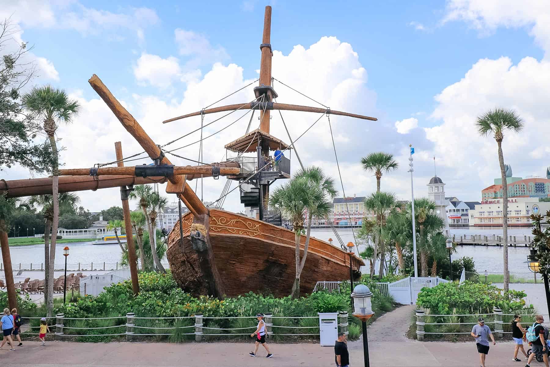 A waterslide that shoots out of a shipwreck at the pool at Beach and Yacht Club.