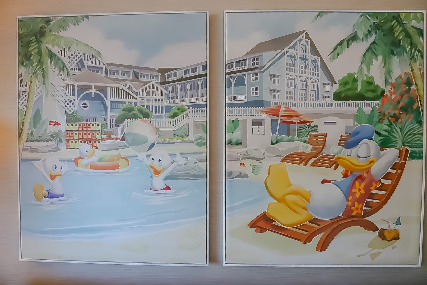 artwork that shows Donald Duck relaxing by the pool while the nephews play 