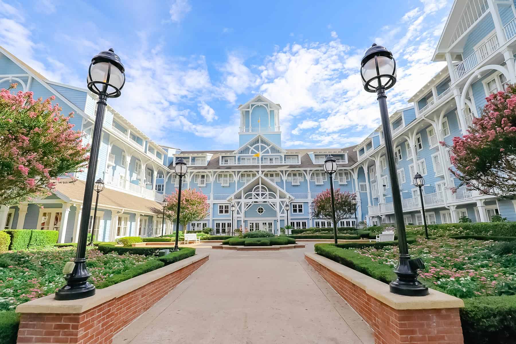 Disney's Beach Club lobby entrance with crepe myrtles in bloom. 