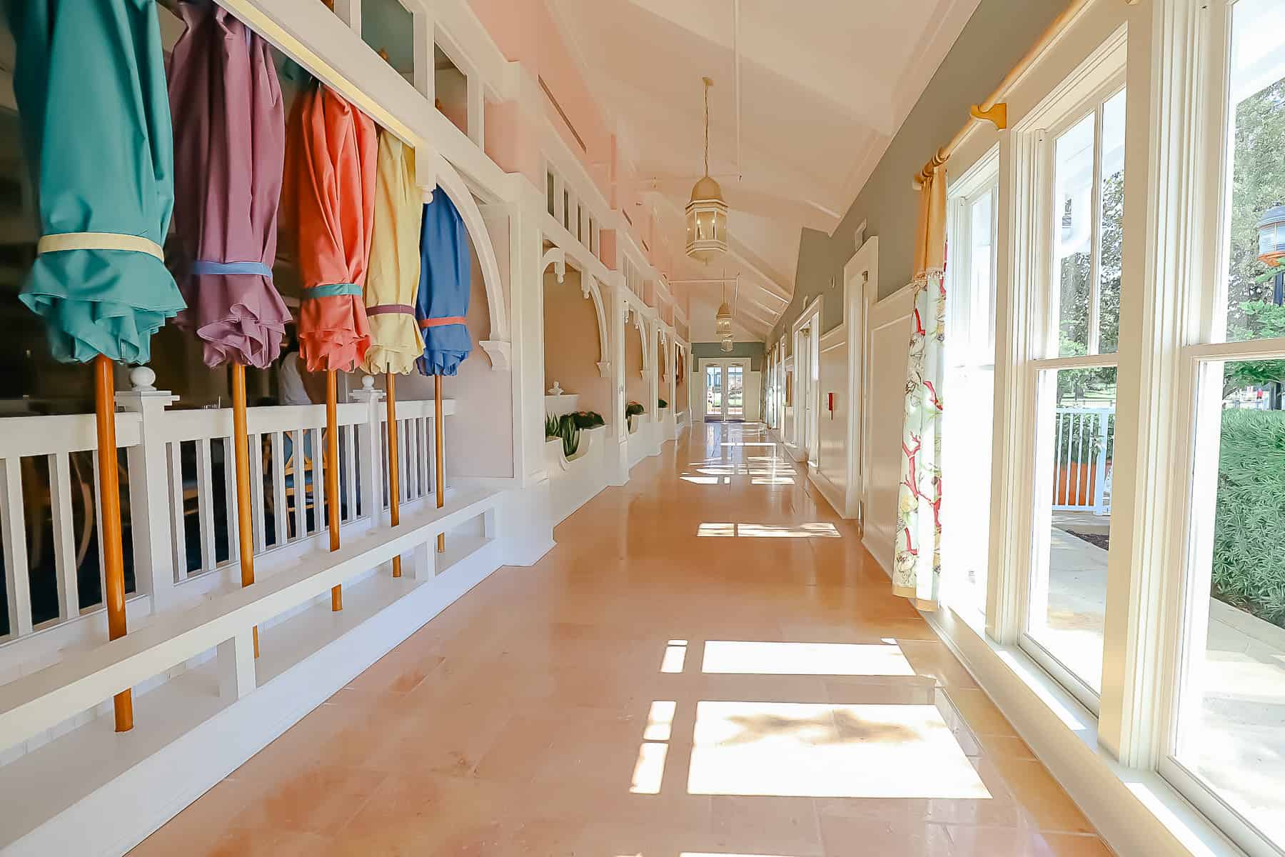 A hallway that shows the French limestone floors of Disney's Beach Club. 