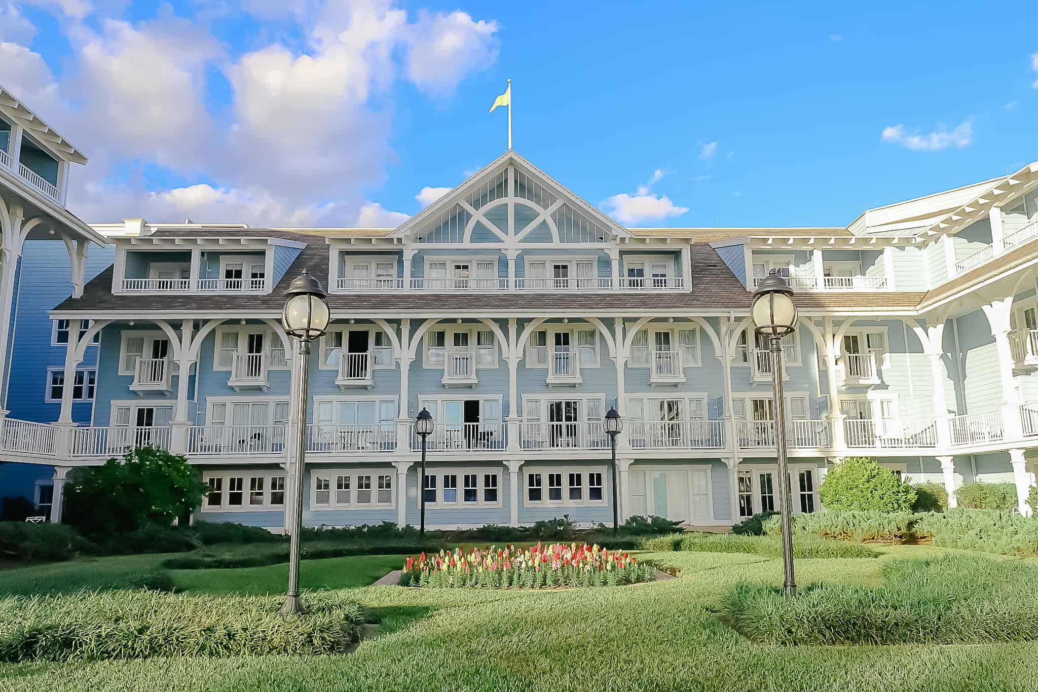 A scenic photo of Disney's Beach Club during the Spring with tulips in bloom.