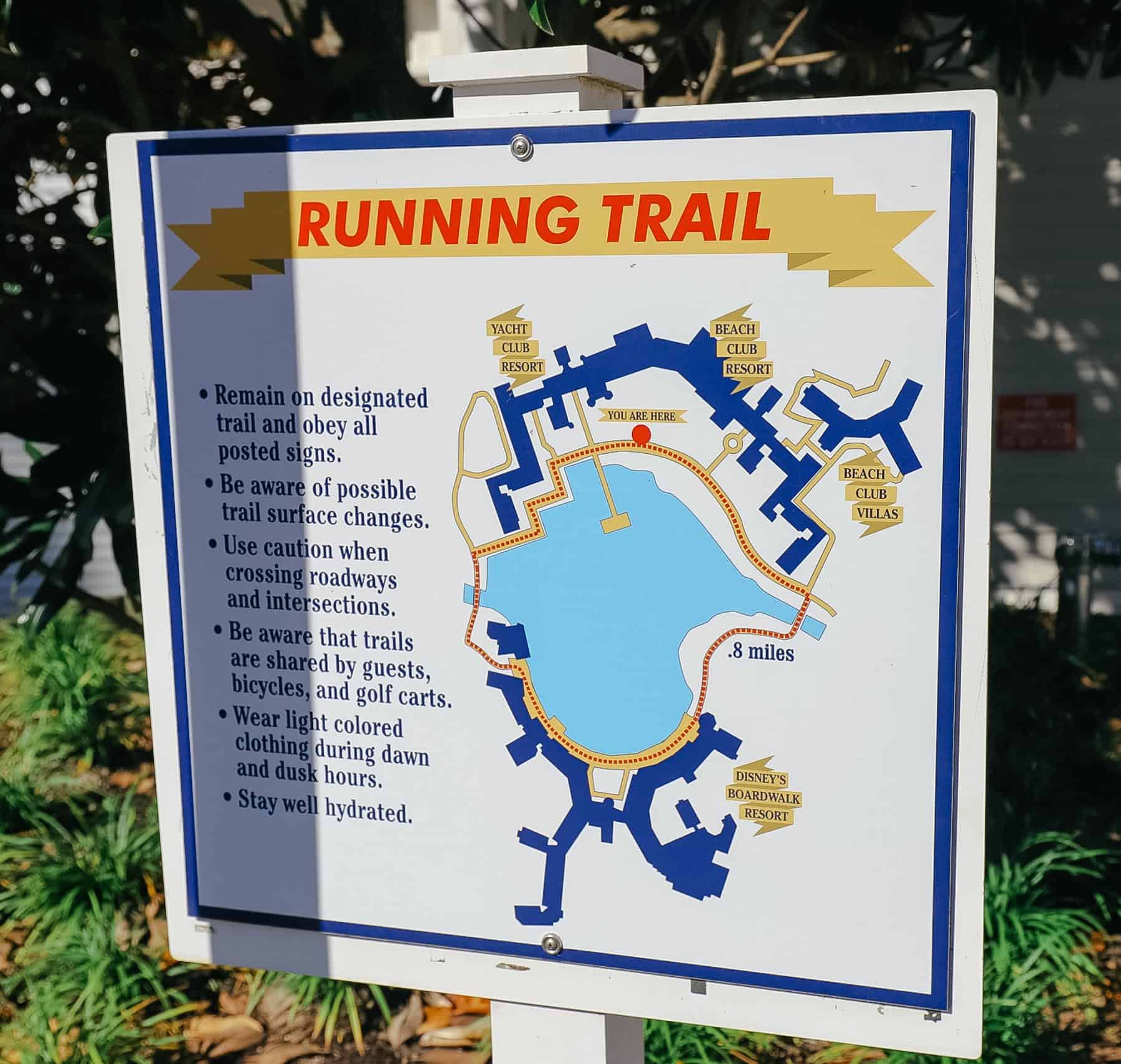 a map that shows the jogging trail at Disney's Beach Club 