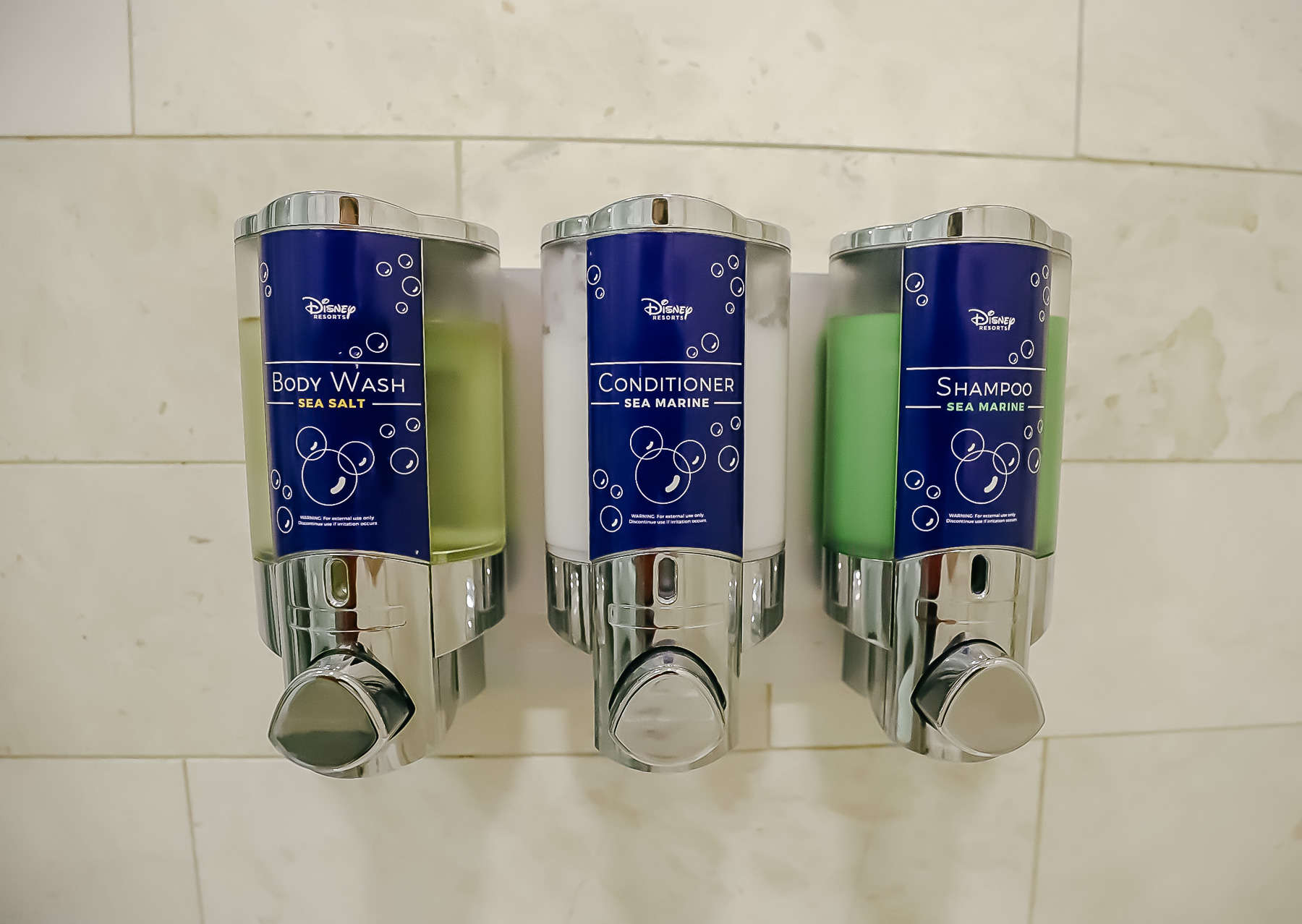 Disney Body Wash, Conditioner, and Shampoo in built-in containers at Disney's Beach Club 