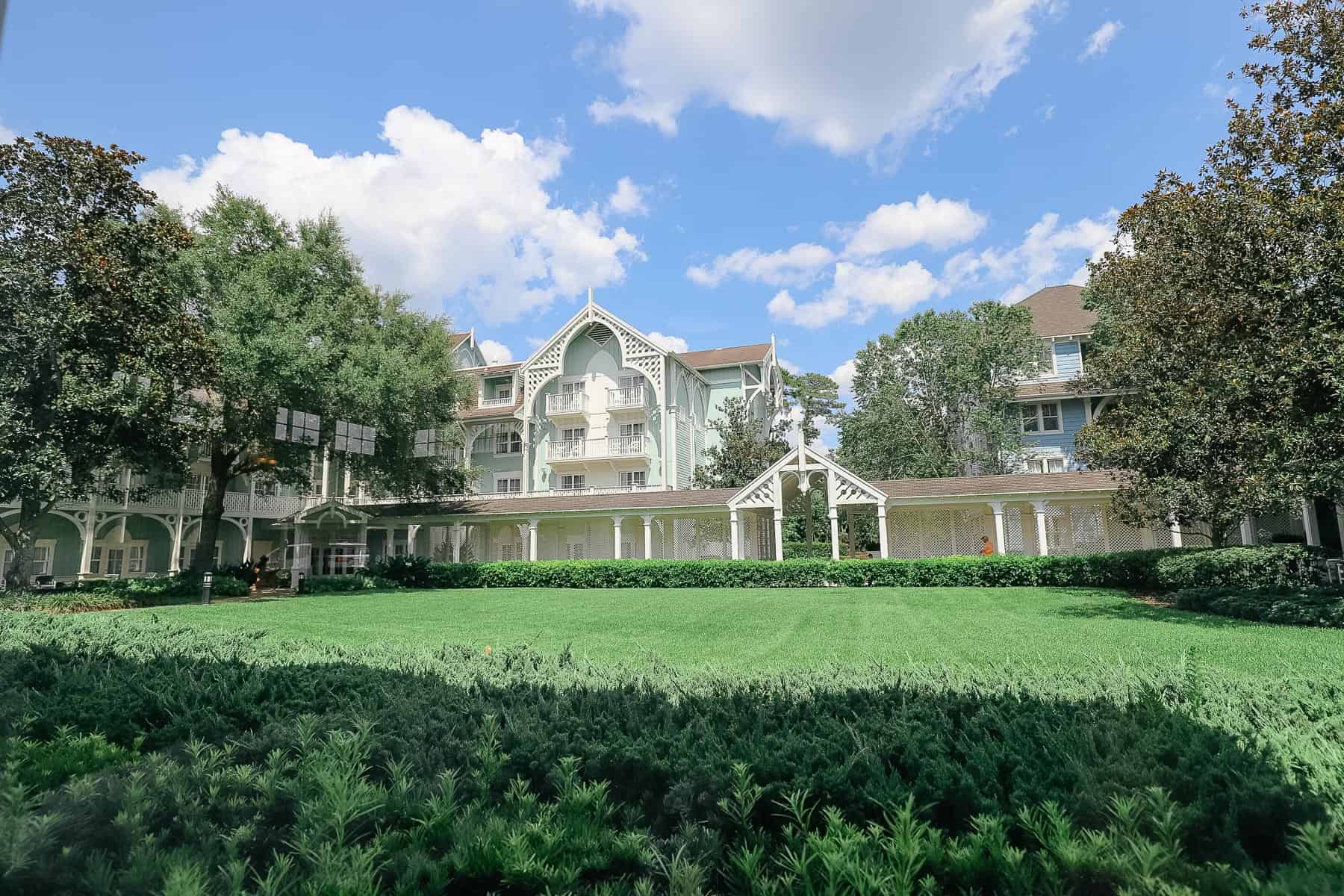 Disney's Beach Club Villas has a mint green exterior. 