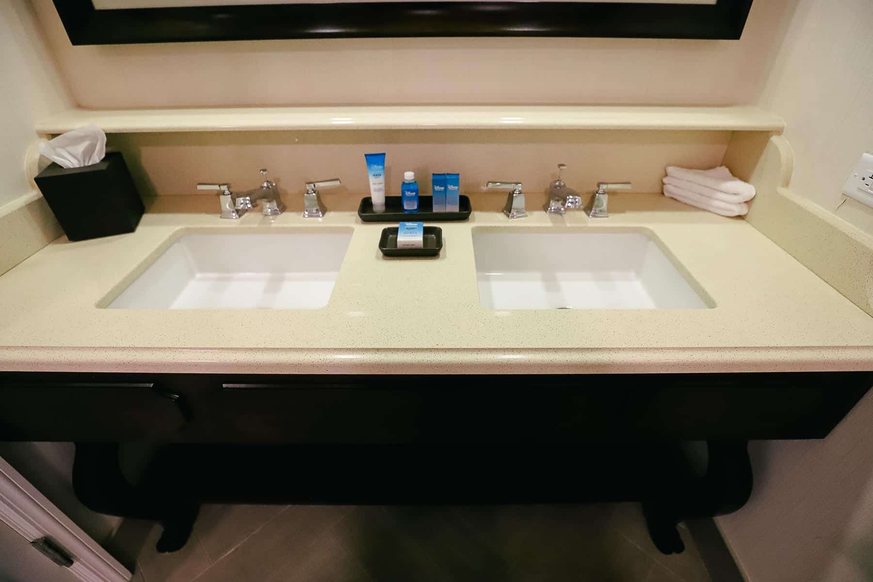 two sinks in the vanity of the bathroom at Disney's Boardwalk 