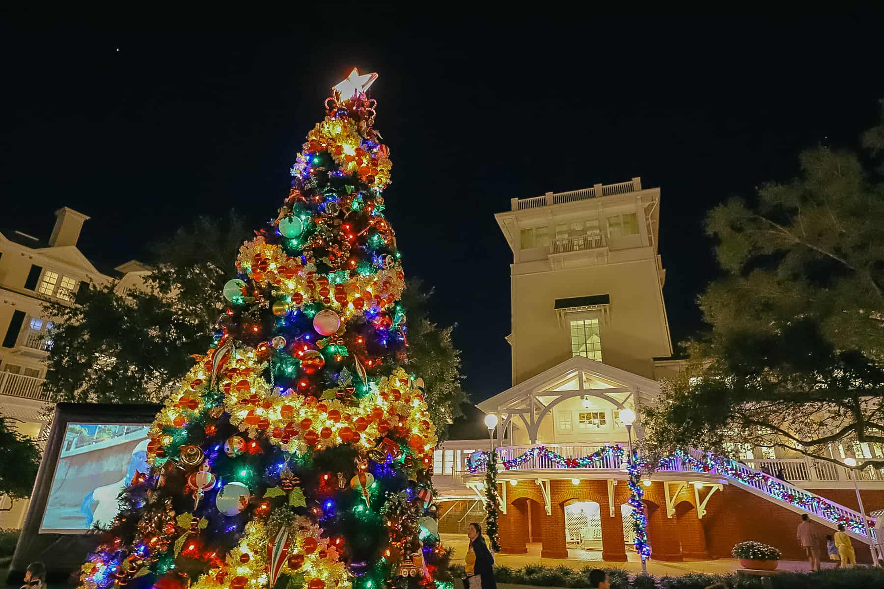 a nighttime photo of the outdoor Christmas tree at Disney's Boardwalk 