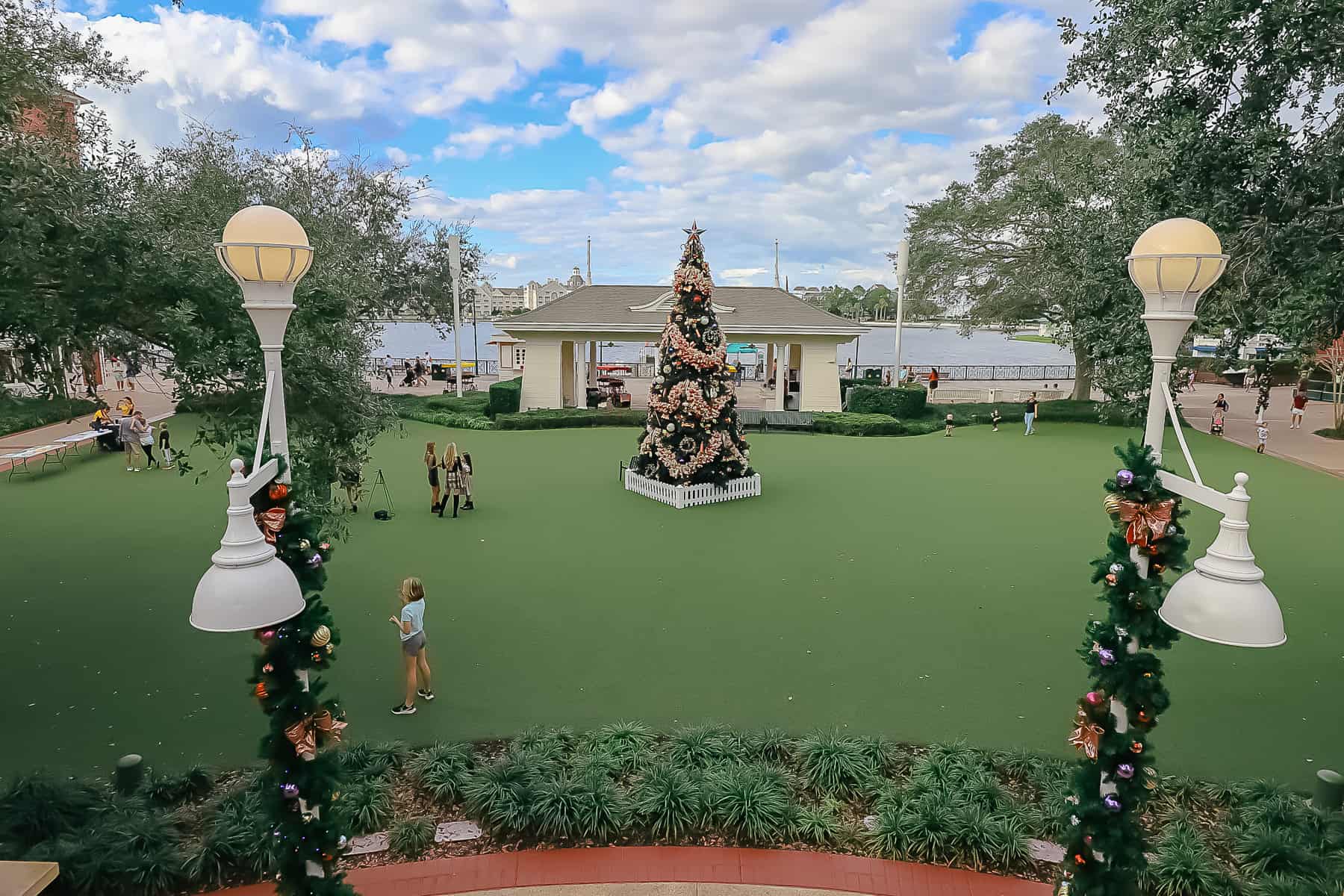 a view of the outdoor tree at Disney's Boardwalk taken from the verandah 