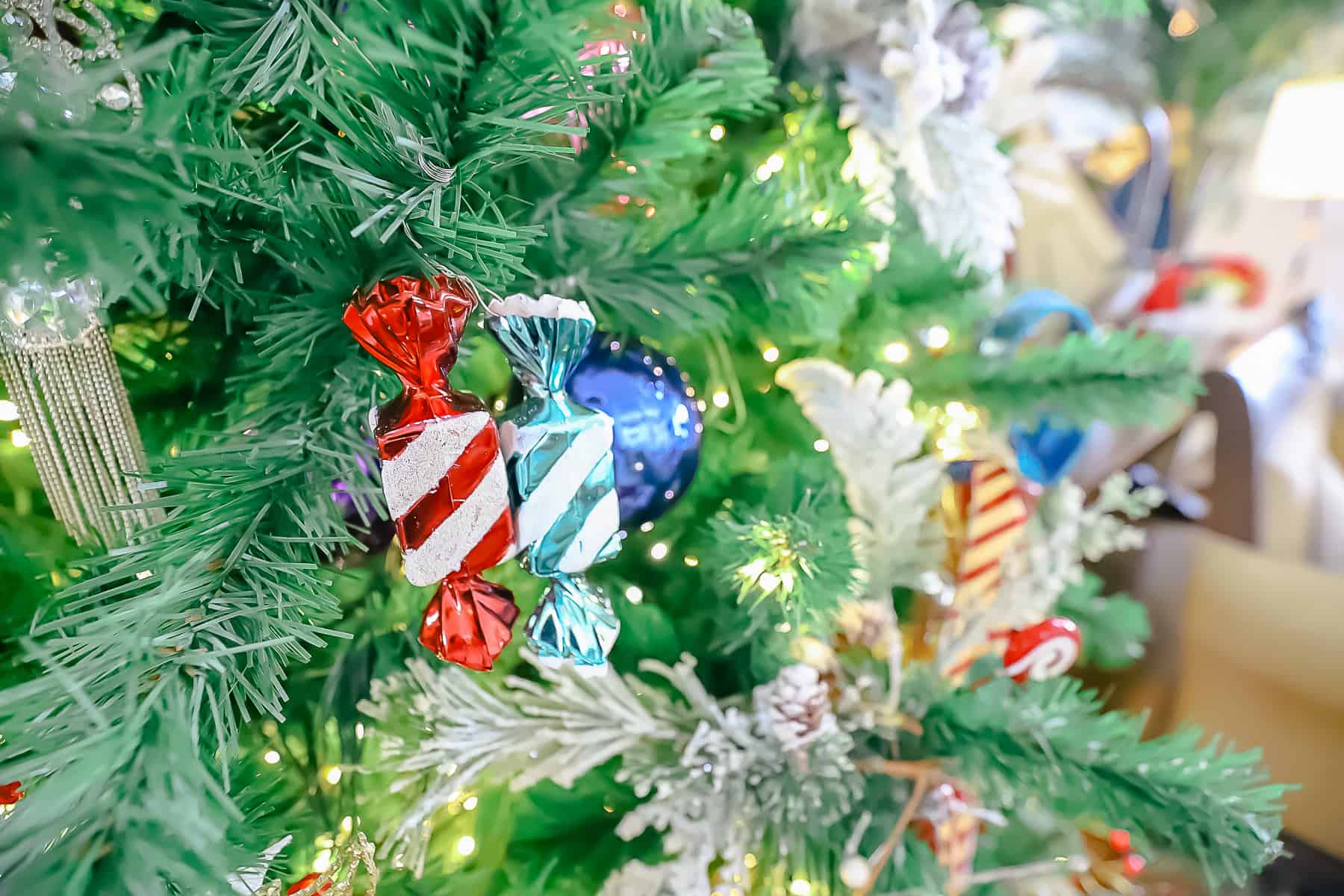 two red and green ornaments 