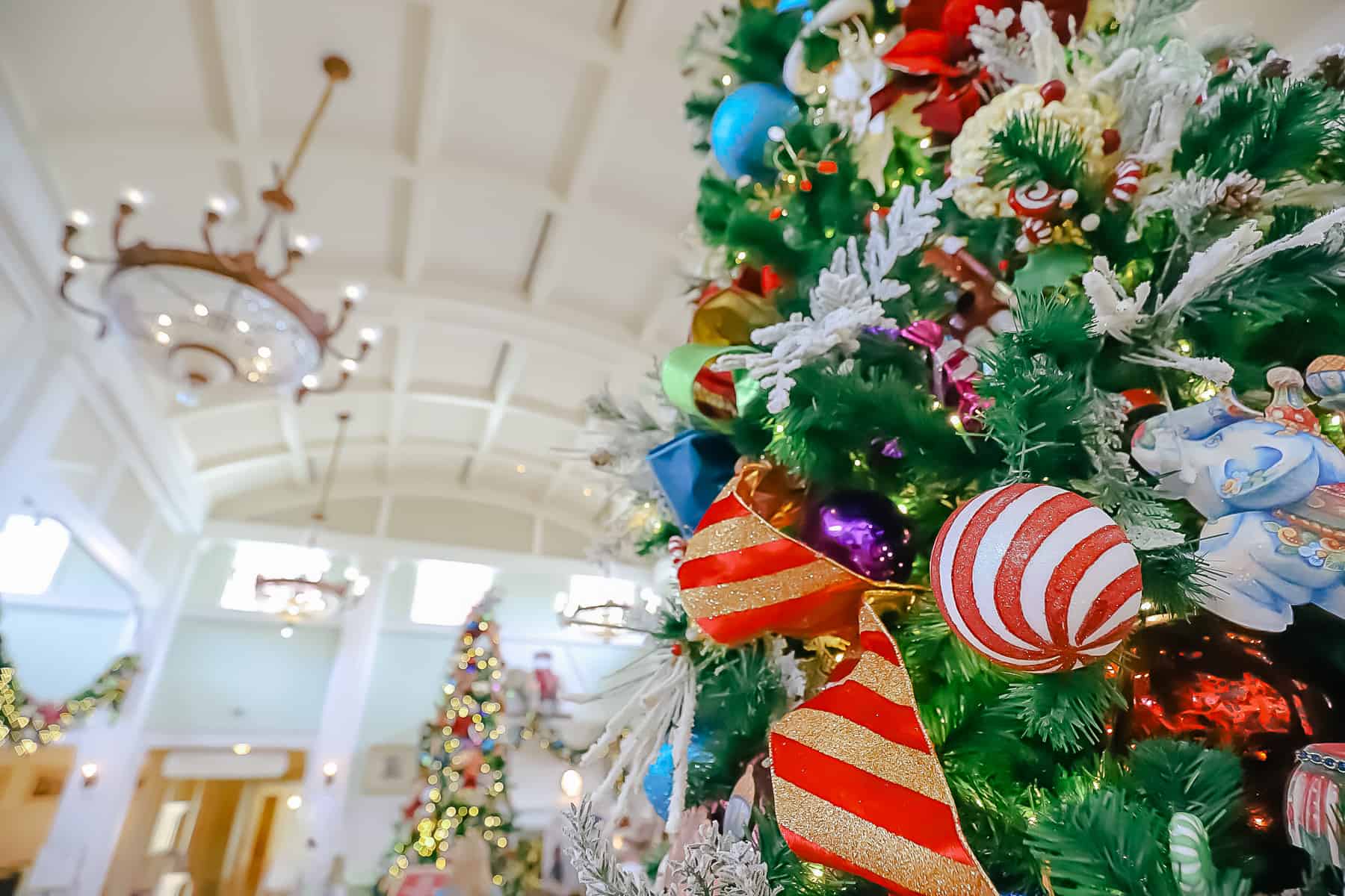 a closeup of Disney's Boardwalk lobby Christmas tree with a bokeh background effect