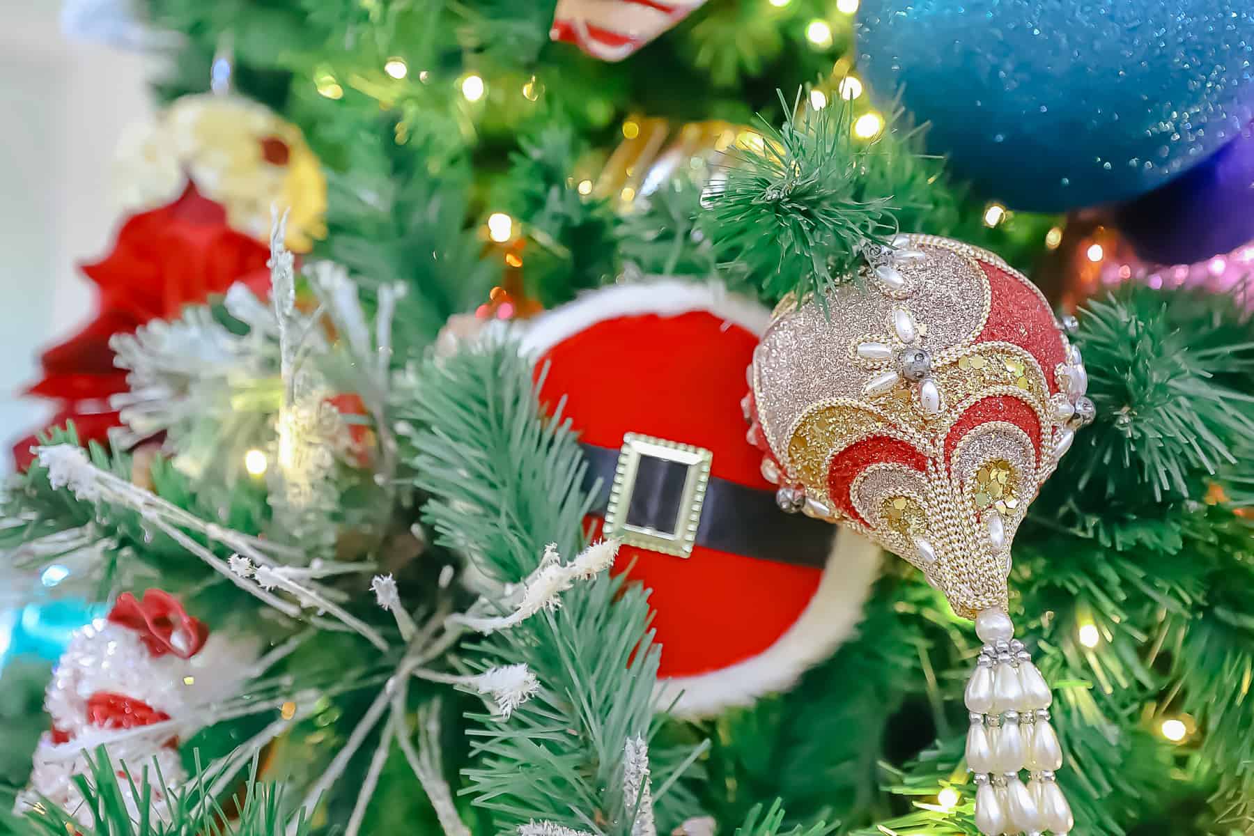 tree ornaments that look like Santa Clause and a hot air balloon shape
