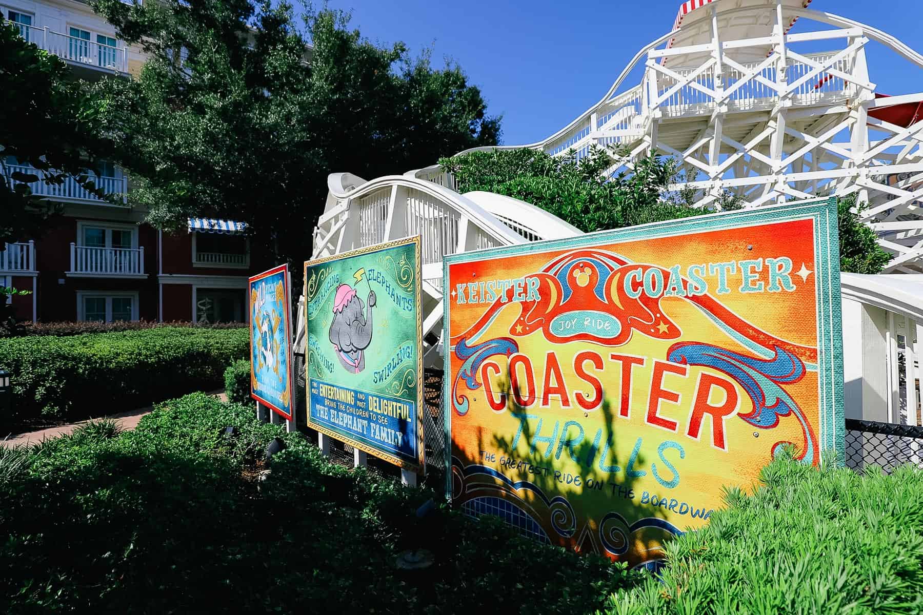 signage that says the Wooden Roller Coaster slide at Disney's Boardwalk