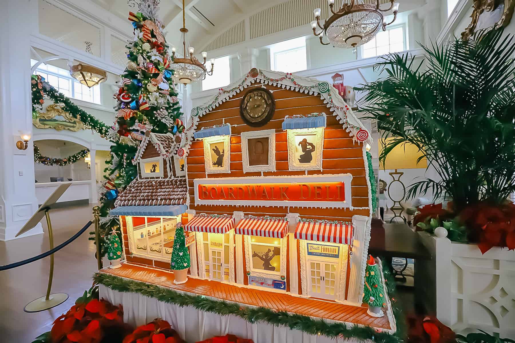 The gingerbread house sitting on display inside the lobby of Disney's Boardwalk Inn. 