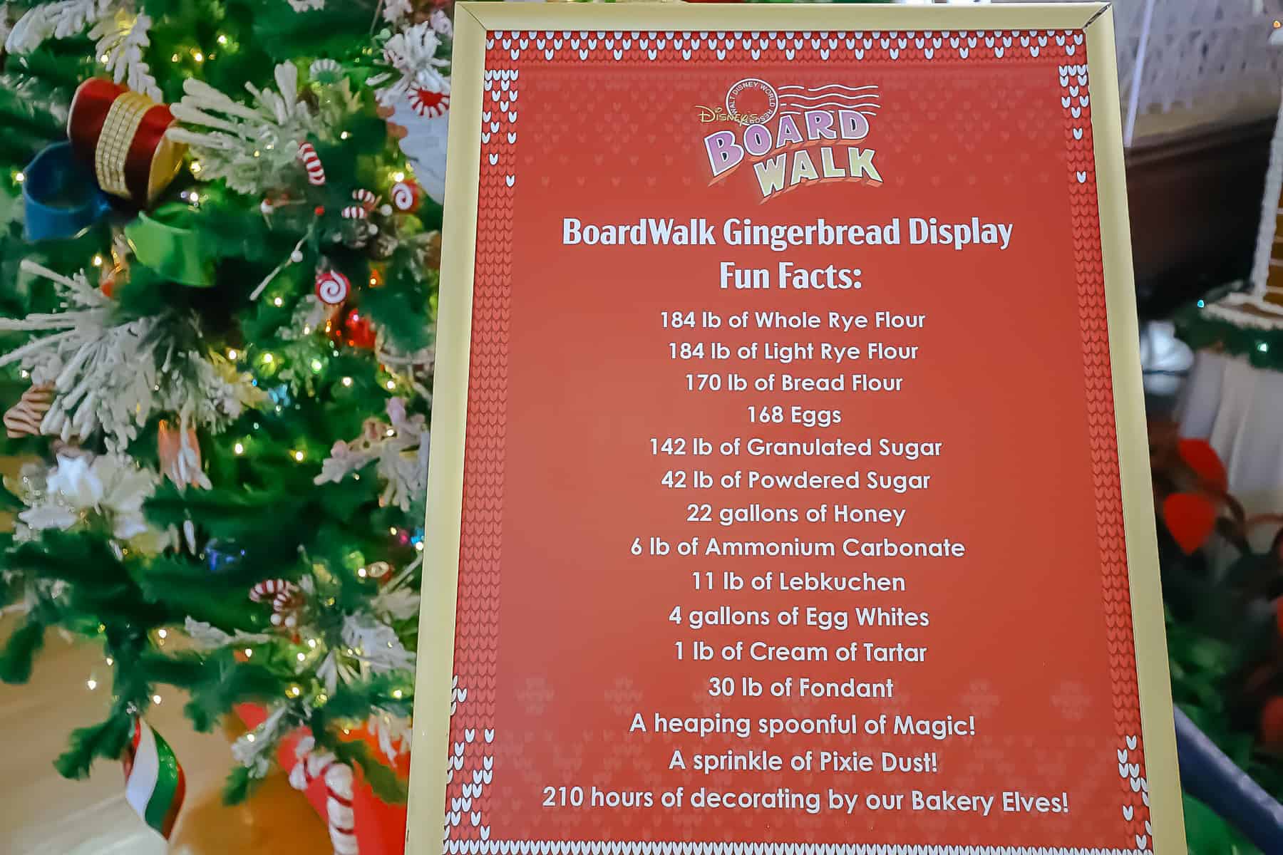 list of ingredients used to create the gingerbread display at Disney's Boardwalk
