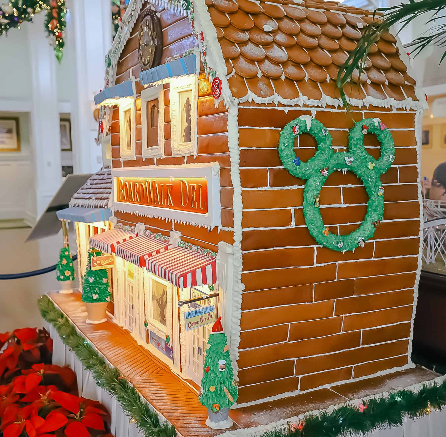 The right side angle of the gingerbread house at Disney's Boardwalk Inn. 